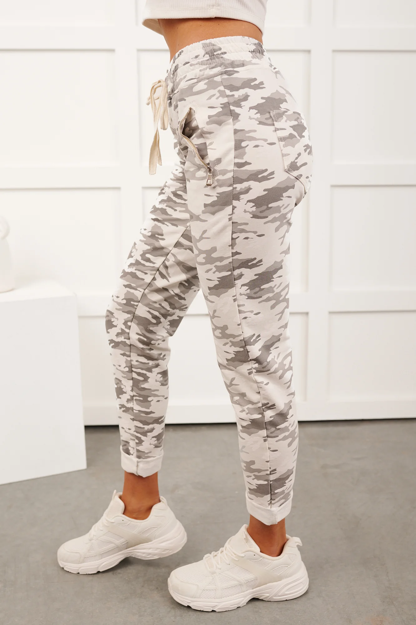 Soft Focus Tie Front Camo Print Joggers (Grey) - Image 3