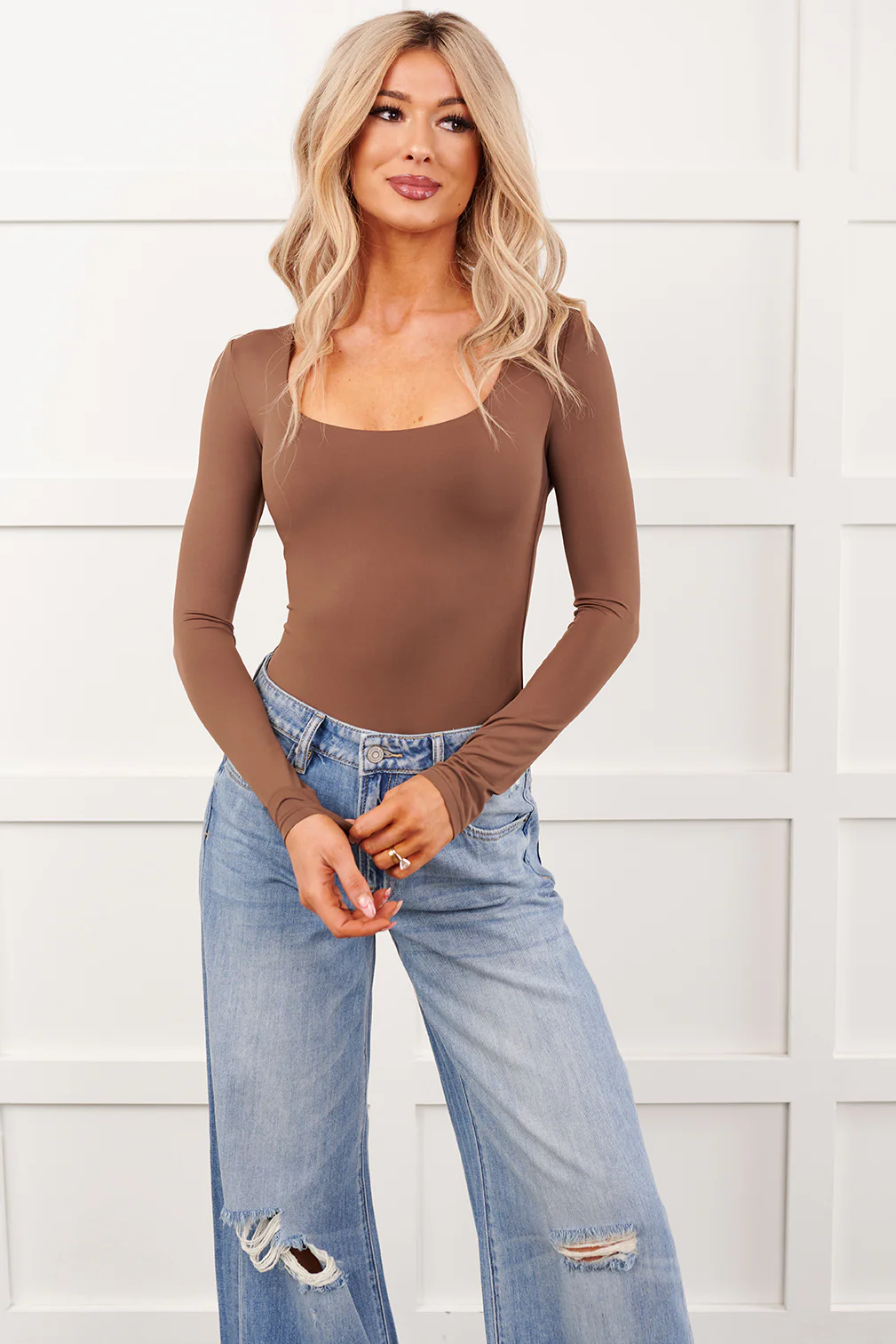 Soft Horizon Long Sleeve Scoop Neck Bodysuit (Cocoa Brown) - Image 3
