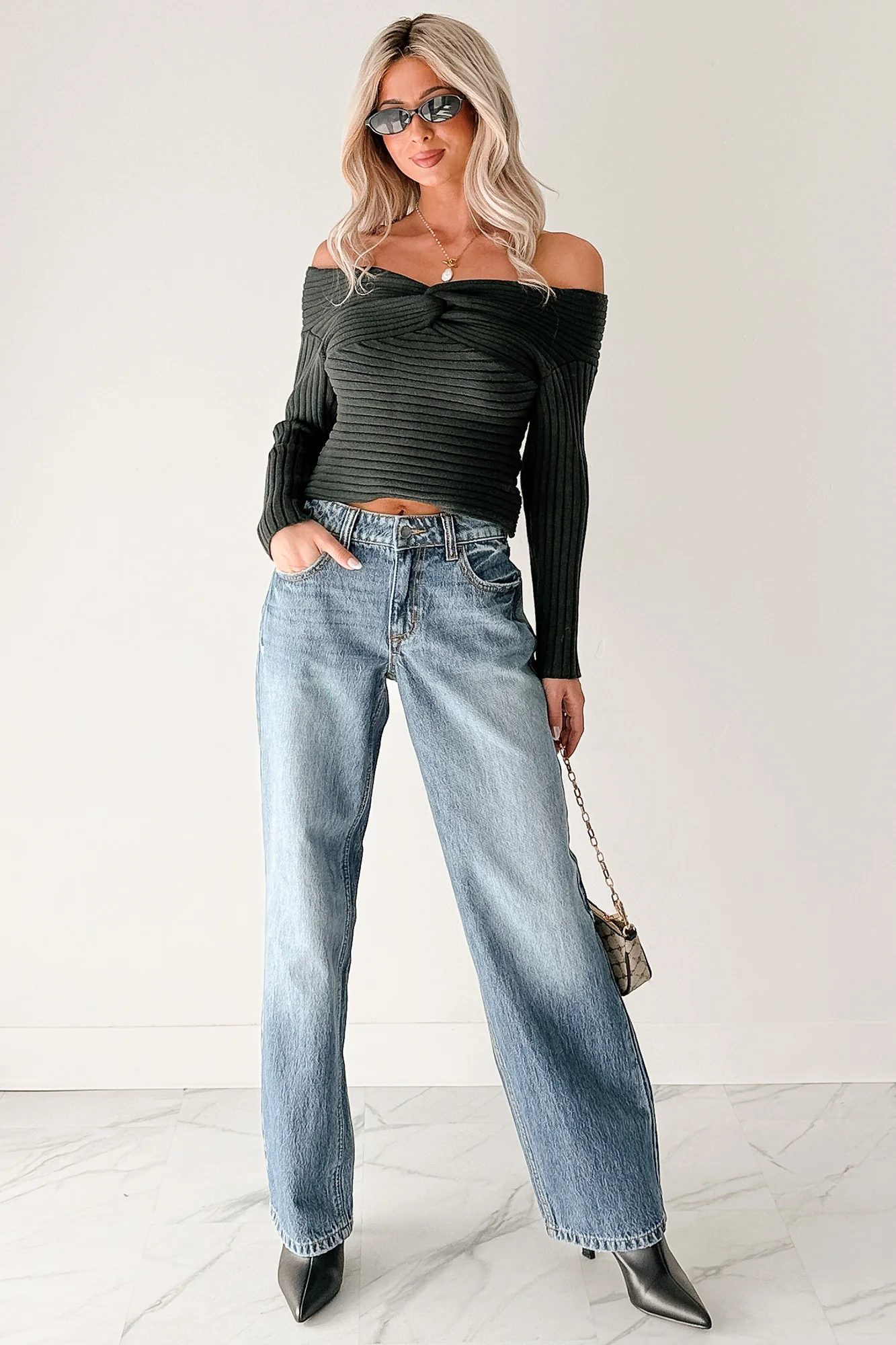 Soft Mirage Off The Shoulder Cable Knit Top (Green) - Image 7