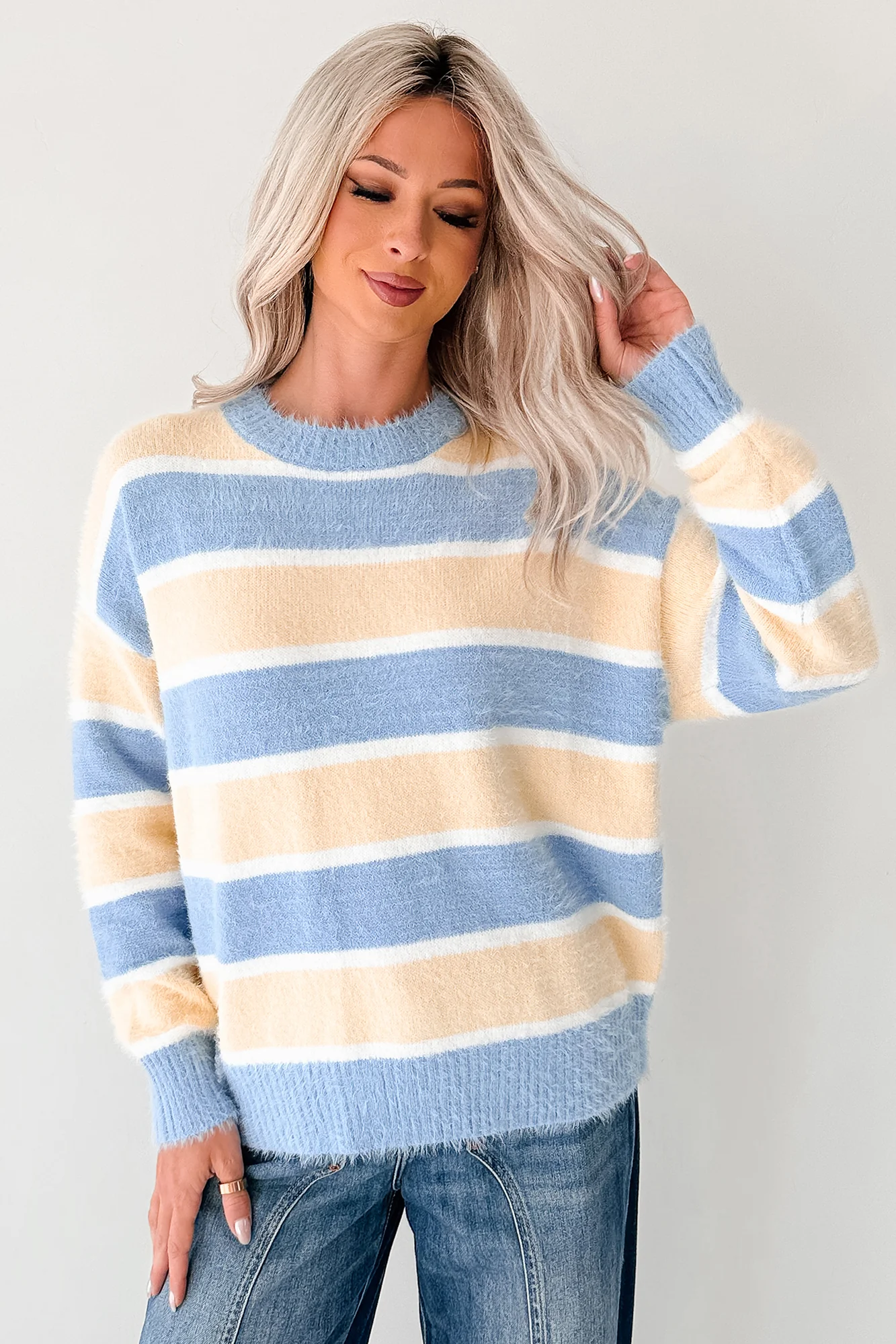 Soft Sentiments Papermoon Striped Fuzzy Sweater (Light Yellow/Light Blue) - Image 2