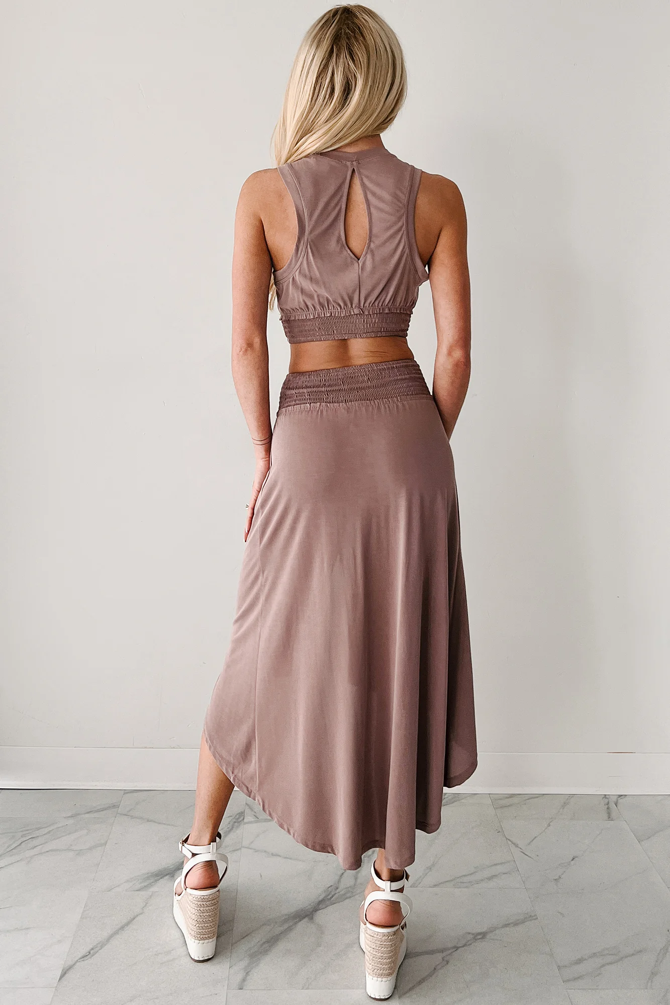Soft Skies High Low Smocked Waist Skirt (Dark Taupe) - Image 5