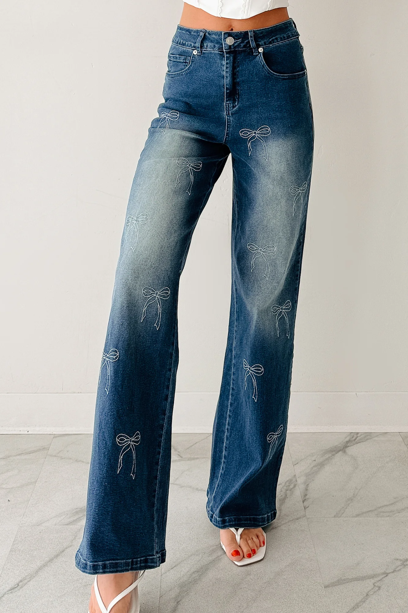 Soft & Sweet High Rise Straight Leg Bow Jeans (Med Wash) - Image 3