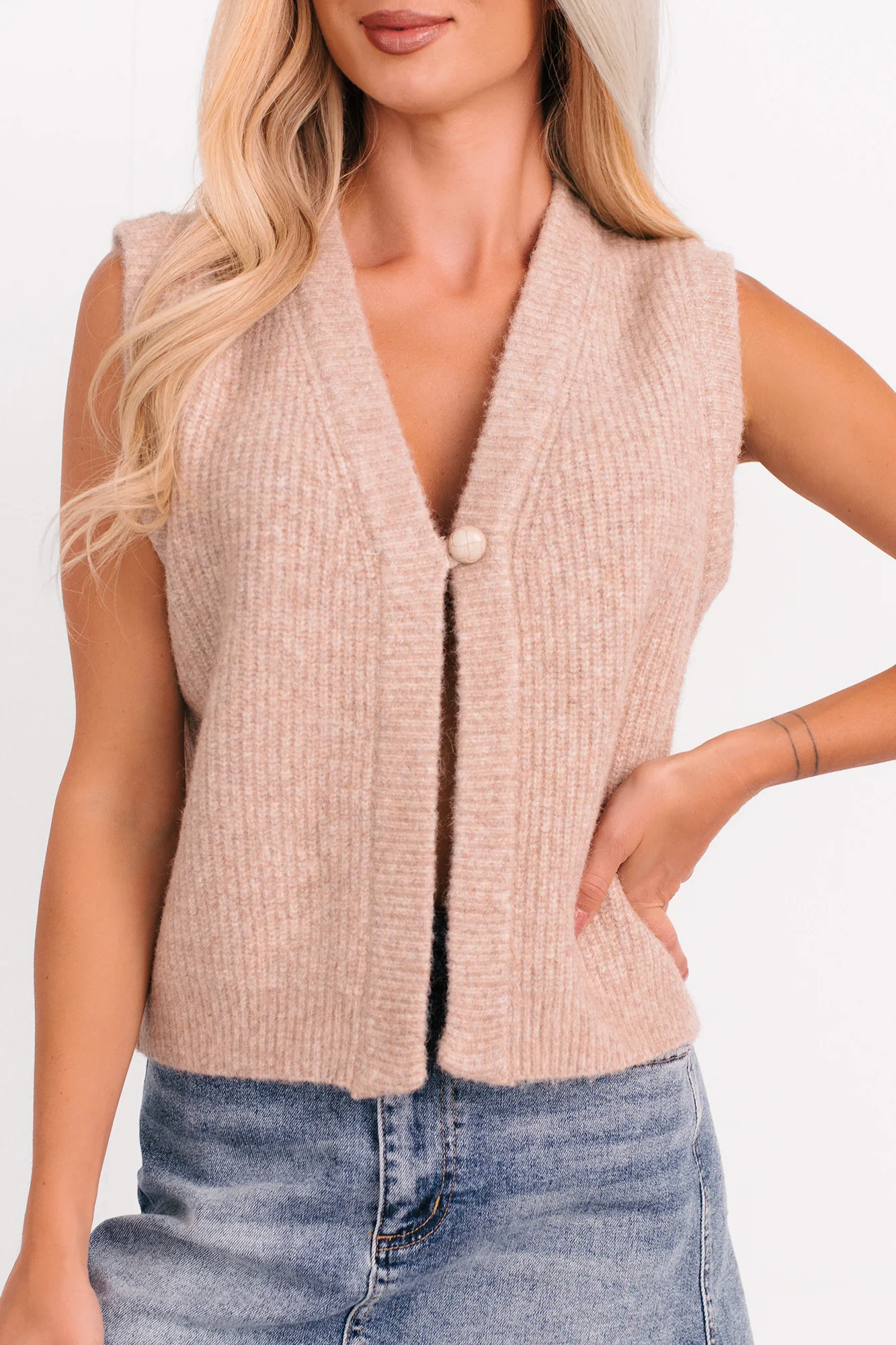 Soft Tides Single Button Sweater Vest (Oatmeal) - Image 2