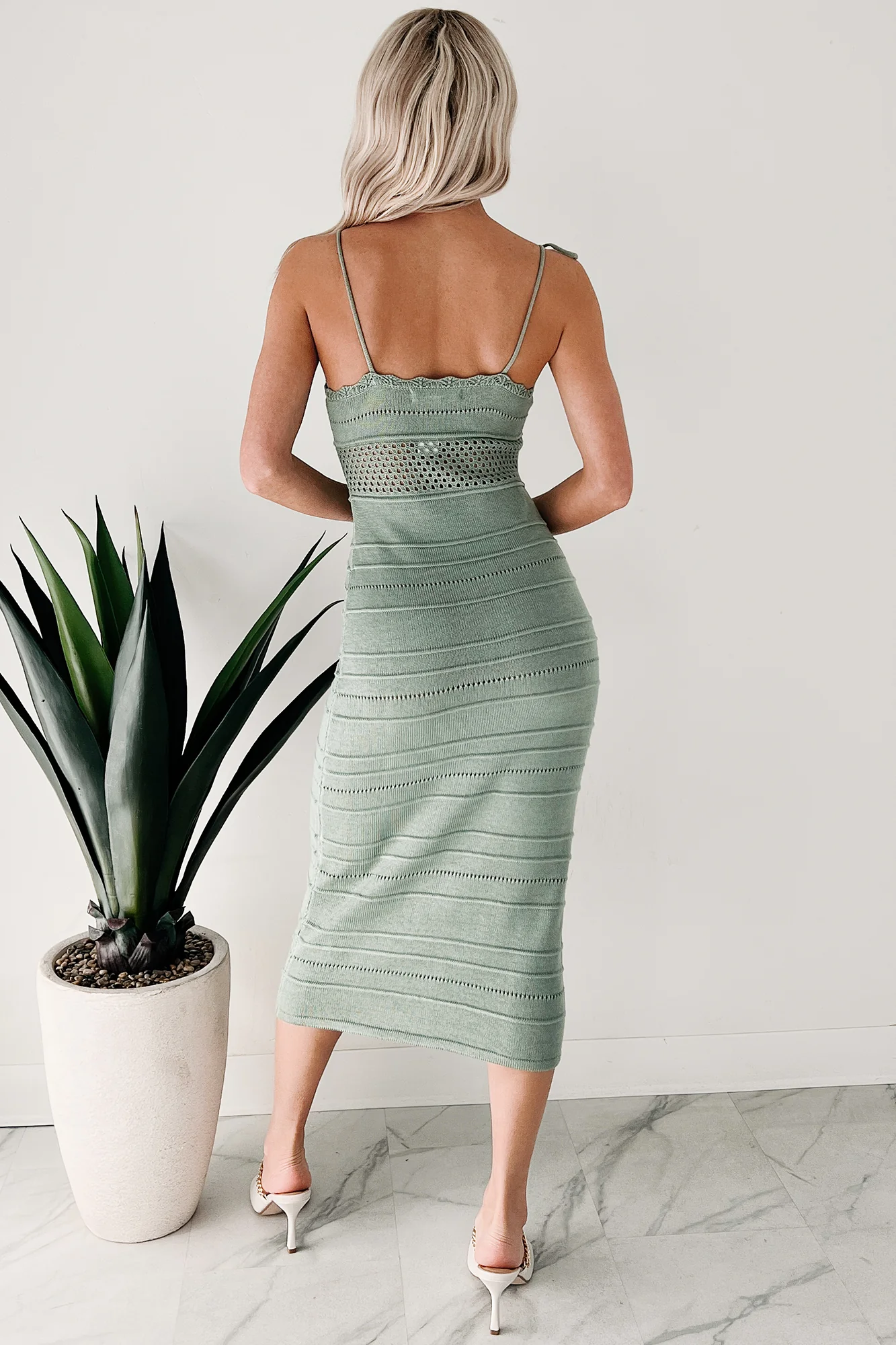 Soft & Timeless Crochet Knit Midi Dress (Green) - Image 4