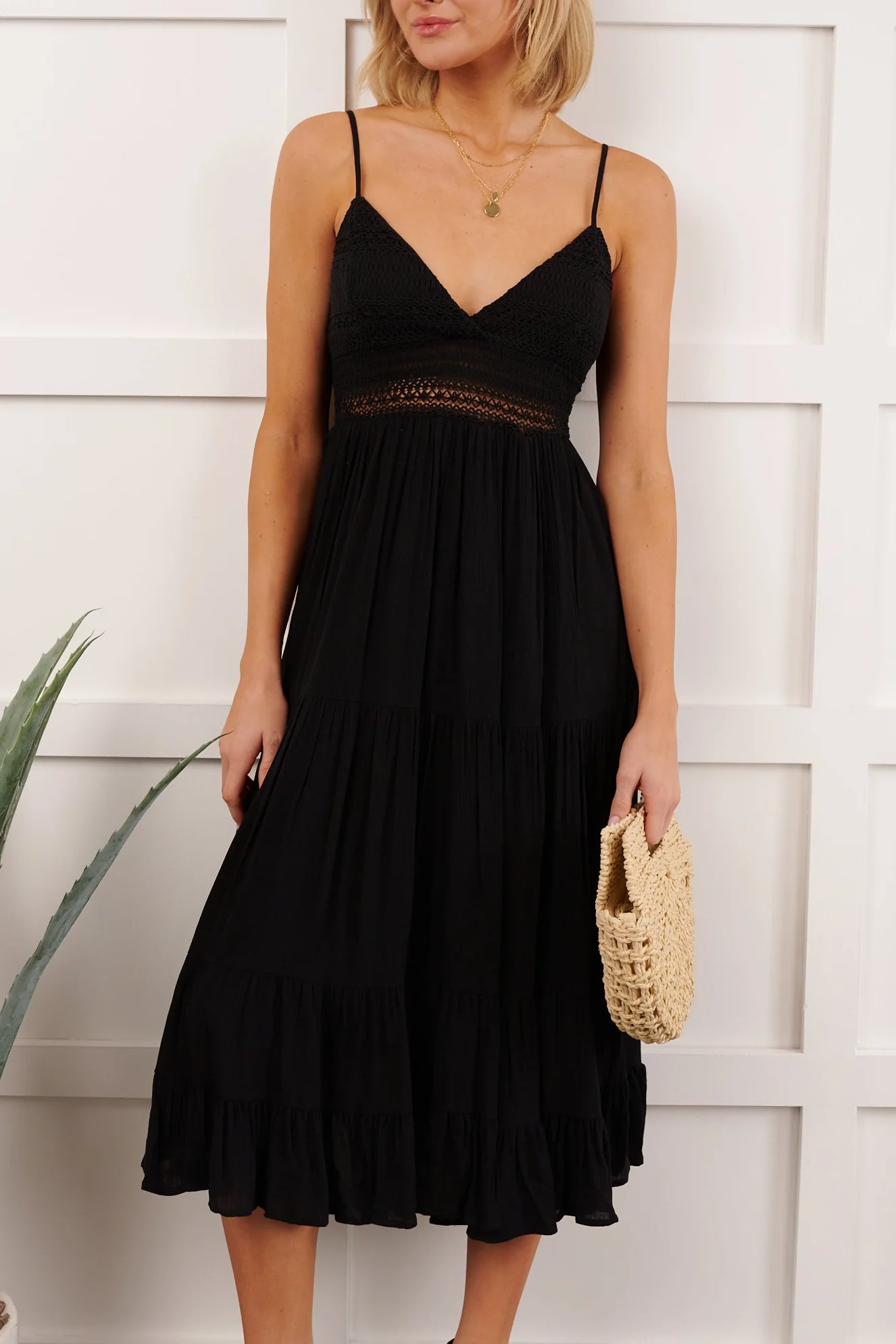Soft Twirl Tiered Crochet Bodice Midi Dress (Black) - Image 2