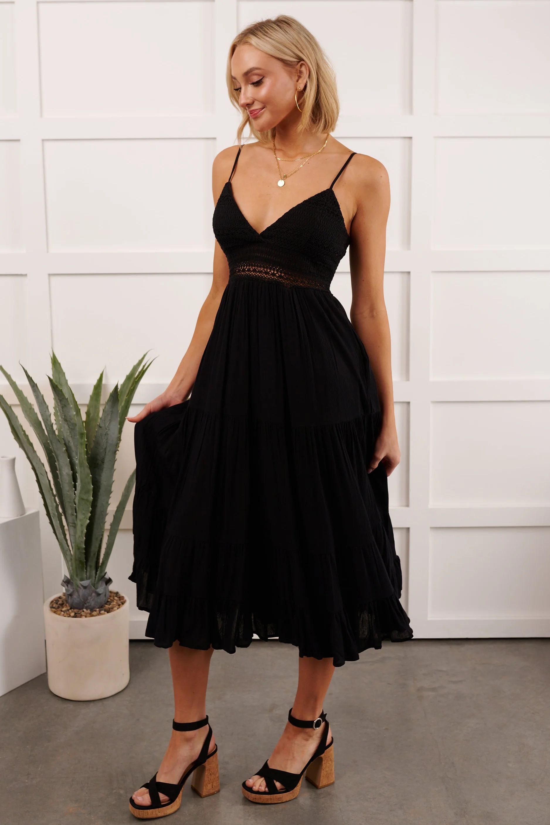 Soft Twirl Tiered Crochet Bodice Midi Dress (Black) - Image 6