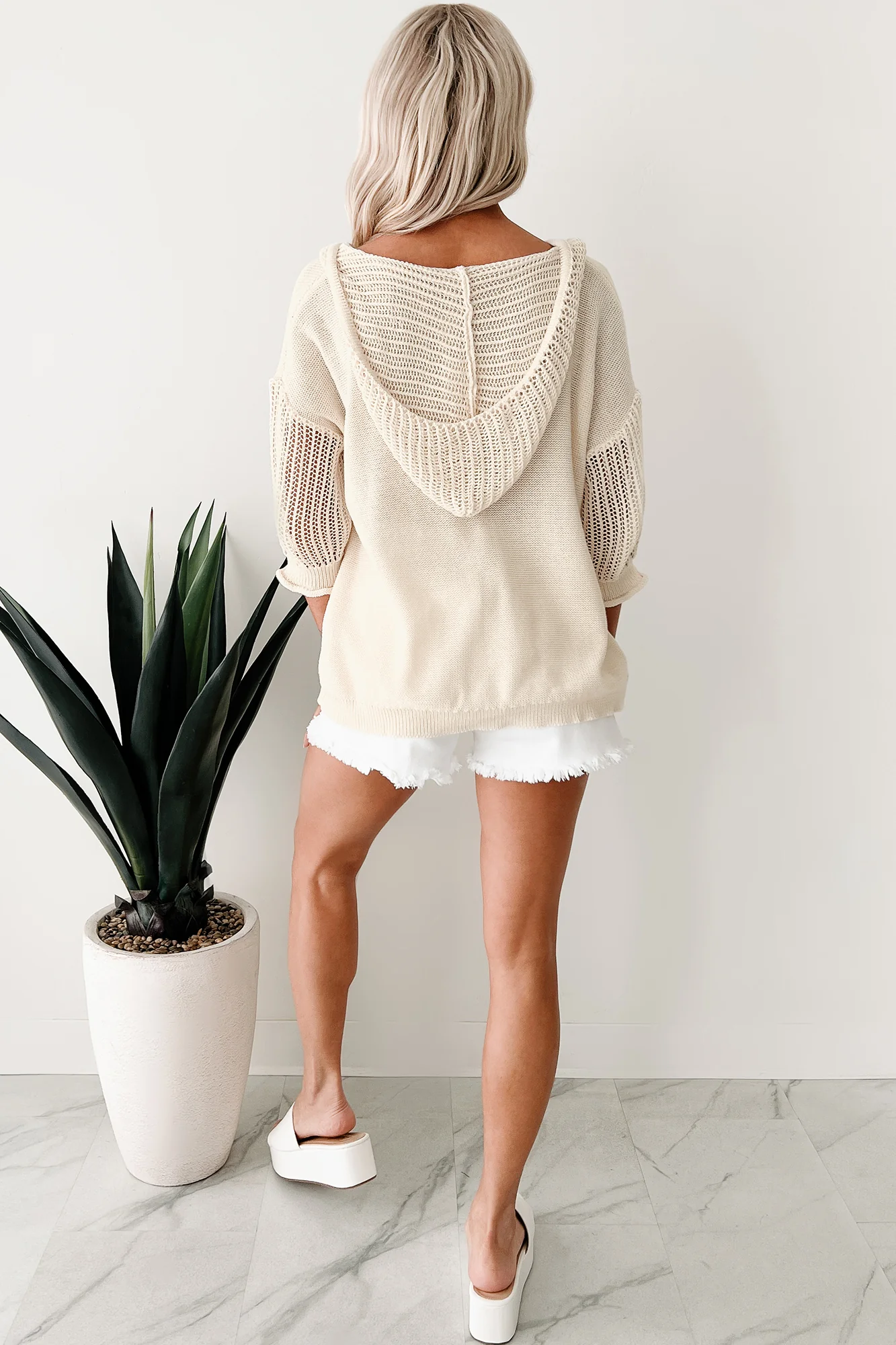 Softly Spellbound Sheer Knit Hoodie Sweater (Cream) - Image 4