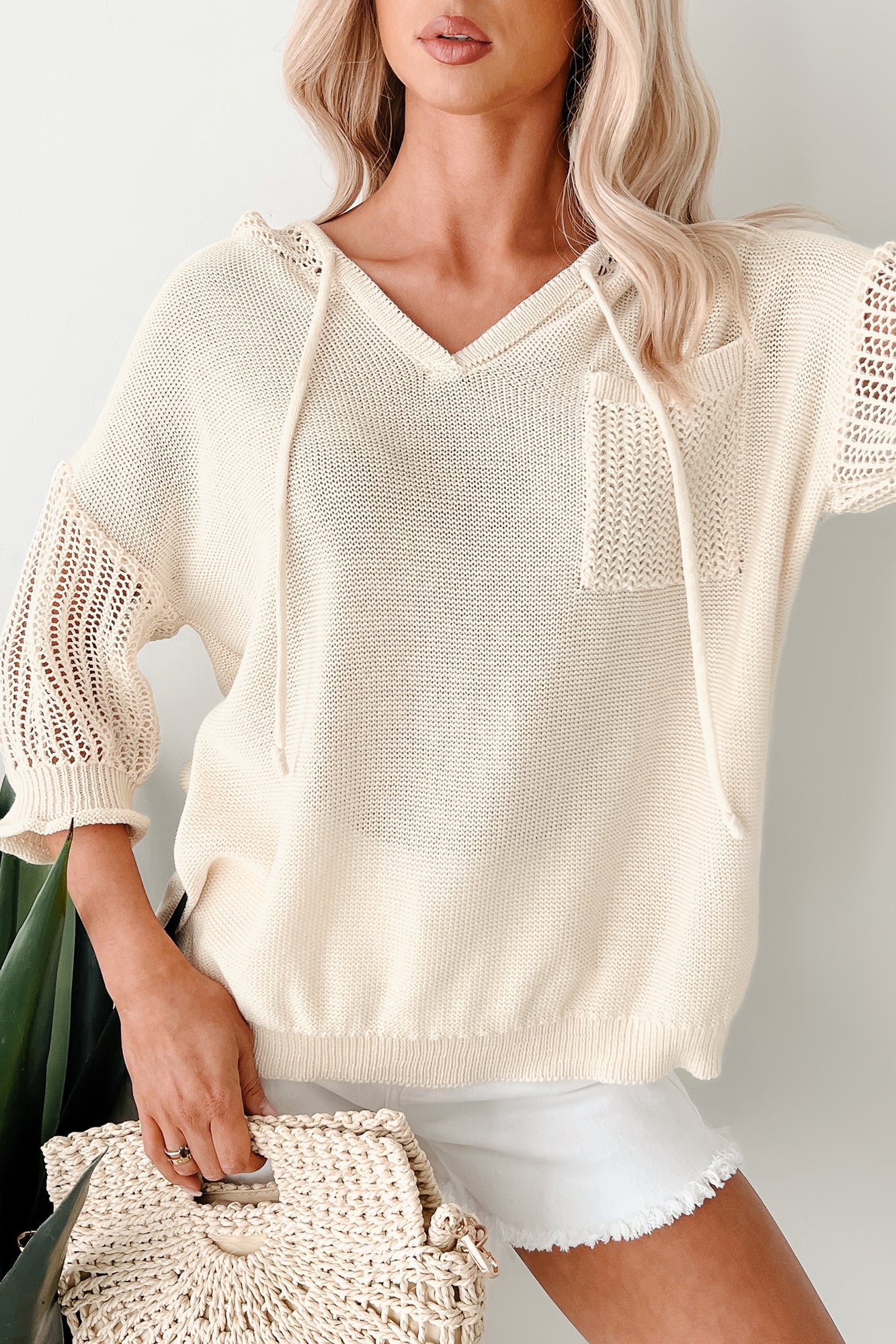 Softly Spellbound Sheer Knit Hoodie Sweater (Cream) - Image 6