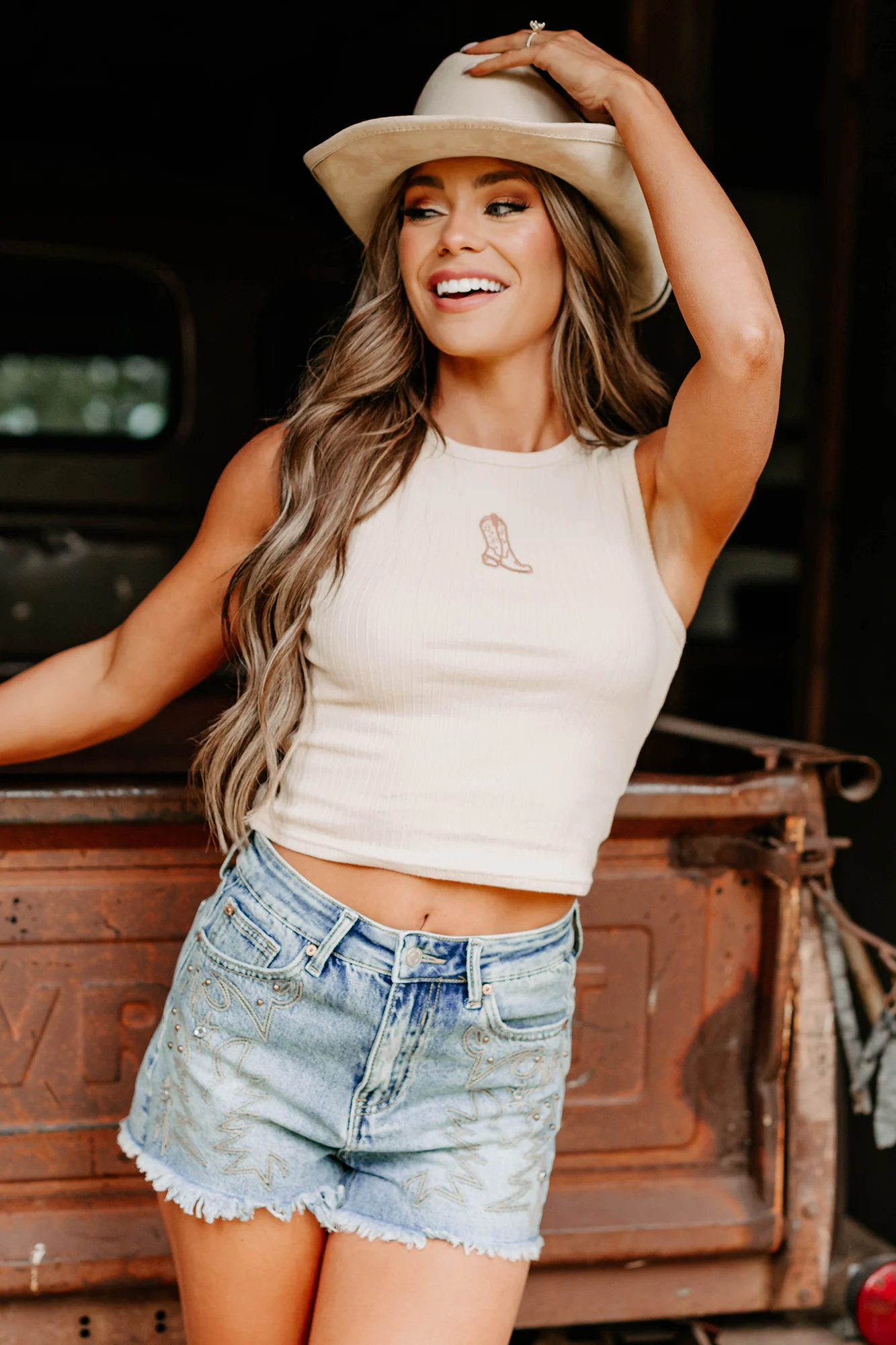 Somewhere Still Boot Embroidered Tank Top (Taupe) - Image 10