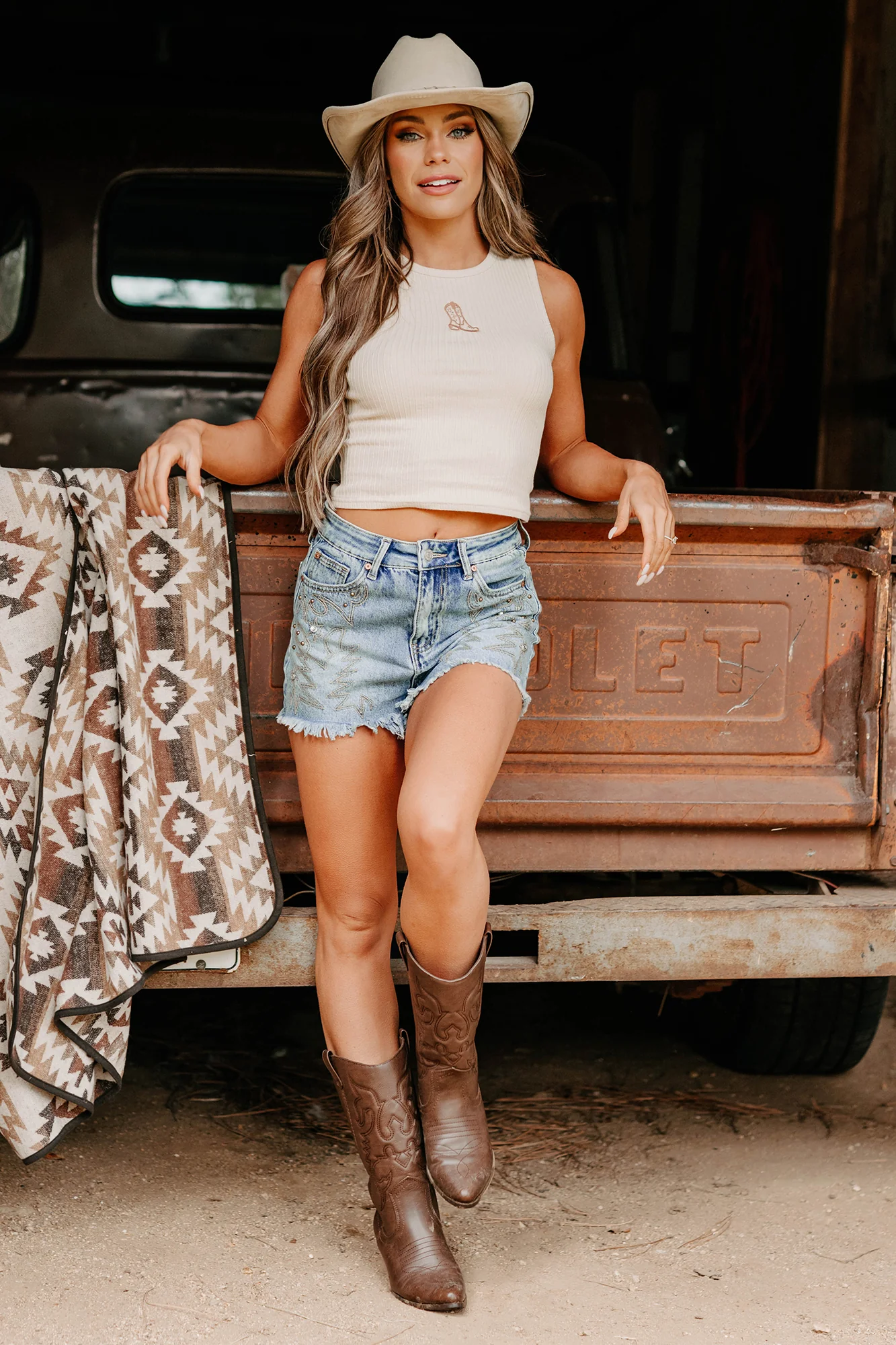 Somewhere Still Boot Embroidered Tank Top (Taupe) - Image 5