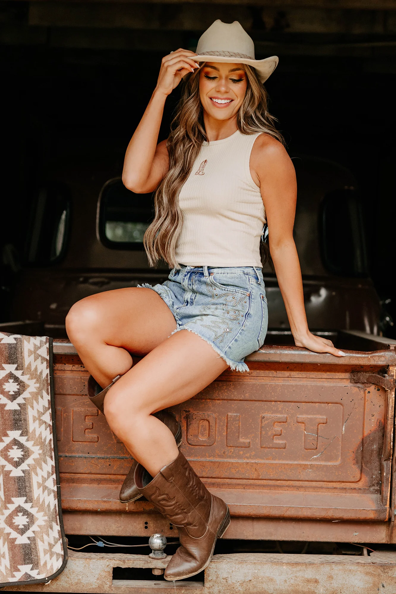 Somewhere Still Boot Embroidered Tank Top (Taupe) - Image 8