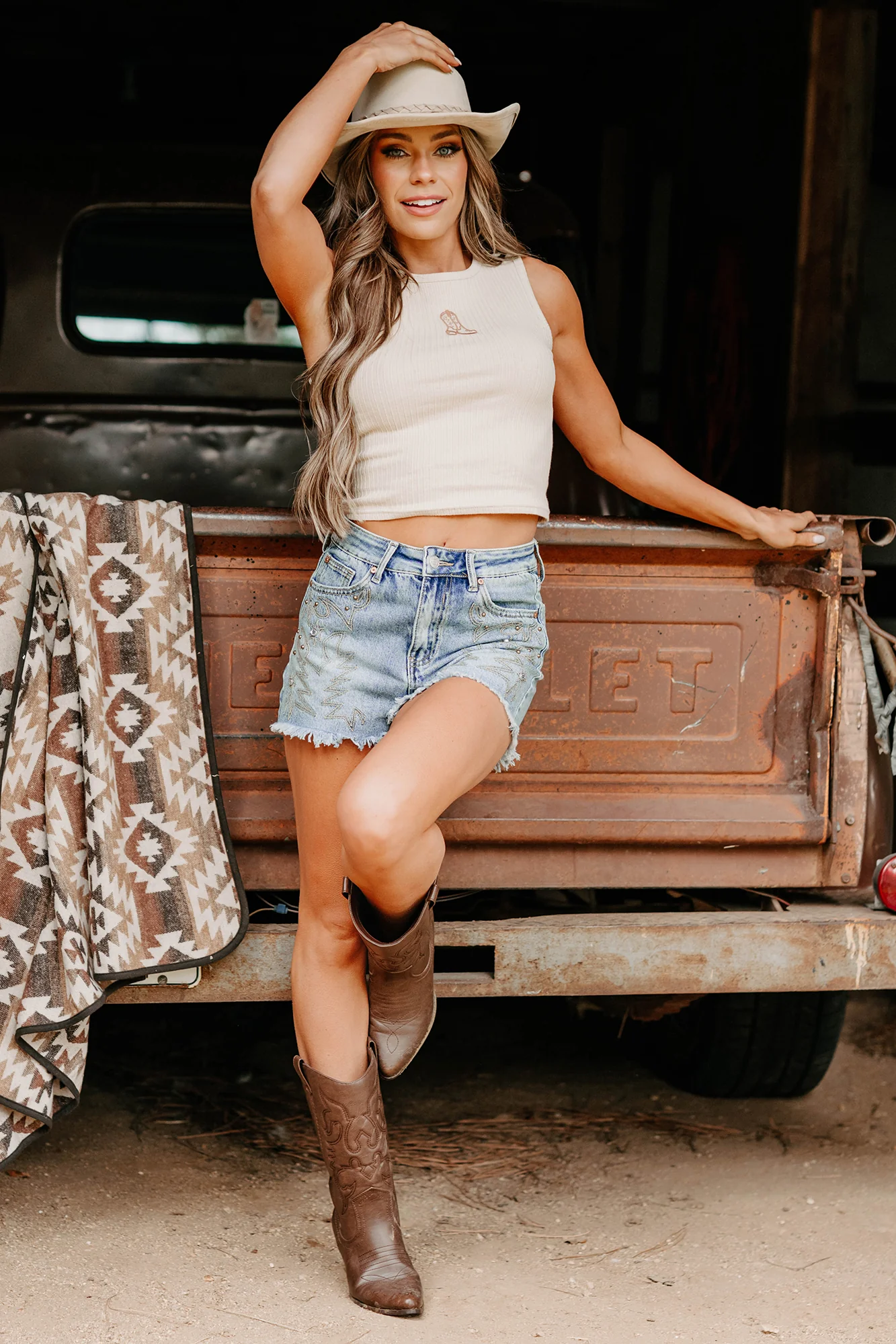Somewhere Still Boot Embroidered Tank Top (Taupe) - Image 9