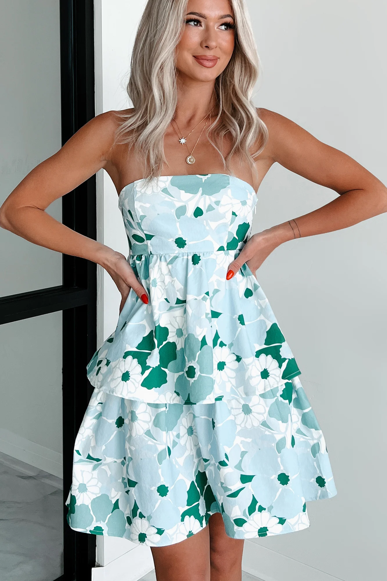 Somewhere Sunny Tiered Floral Denim Dress (Green Multi) - Image 11