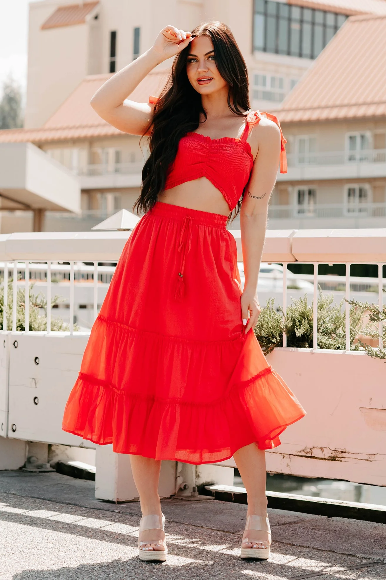 Soulful Glow Crop Top & Midi Skirt Set (Red) - Image 2