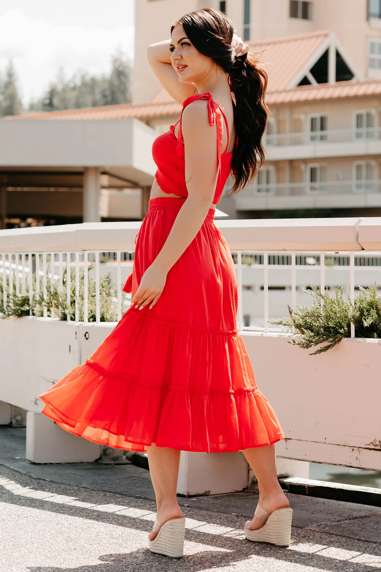 Soulful Glow Crop Top & Midi Skirt Set (Red) - Image 3
