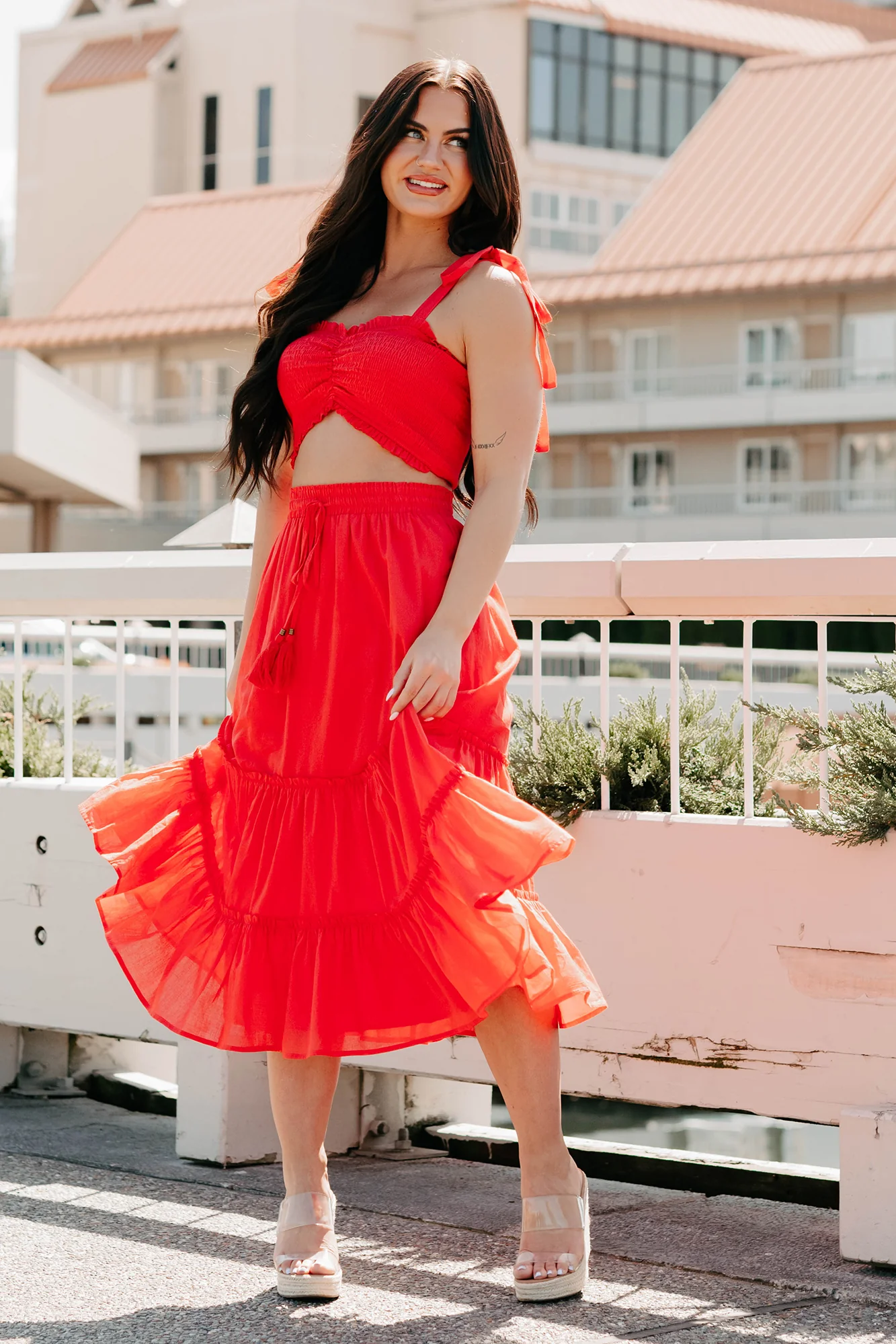 Soulful Glow Crop Top & Midi Skirt Set (Red) - Image 6