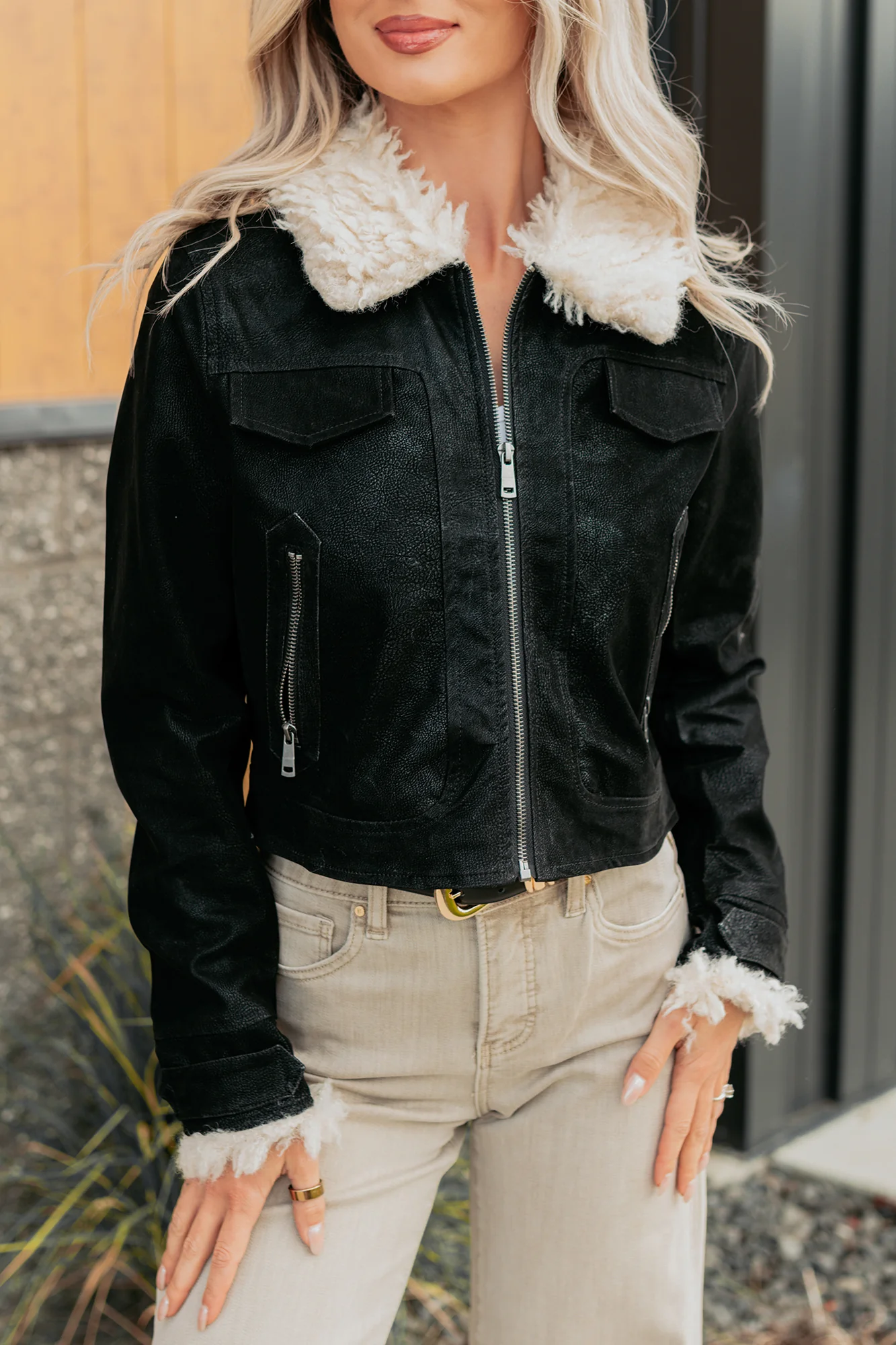 Soulful Strolls Shearling Aviator Jacket (Black/Cream) - Image 4