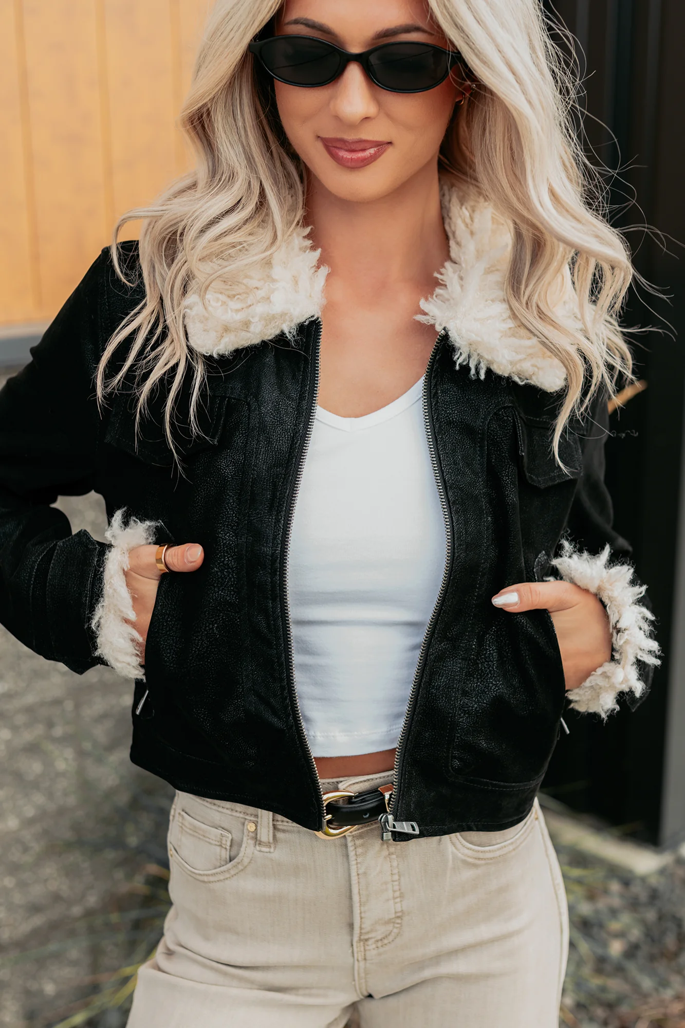 Soulful Strolls Shearling Aviator Jacket (Black/Cream) - Image 7