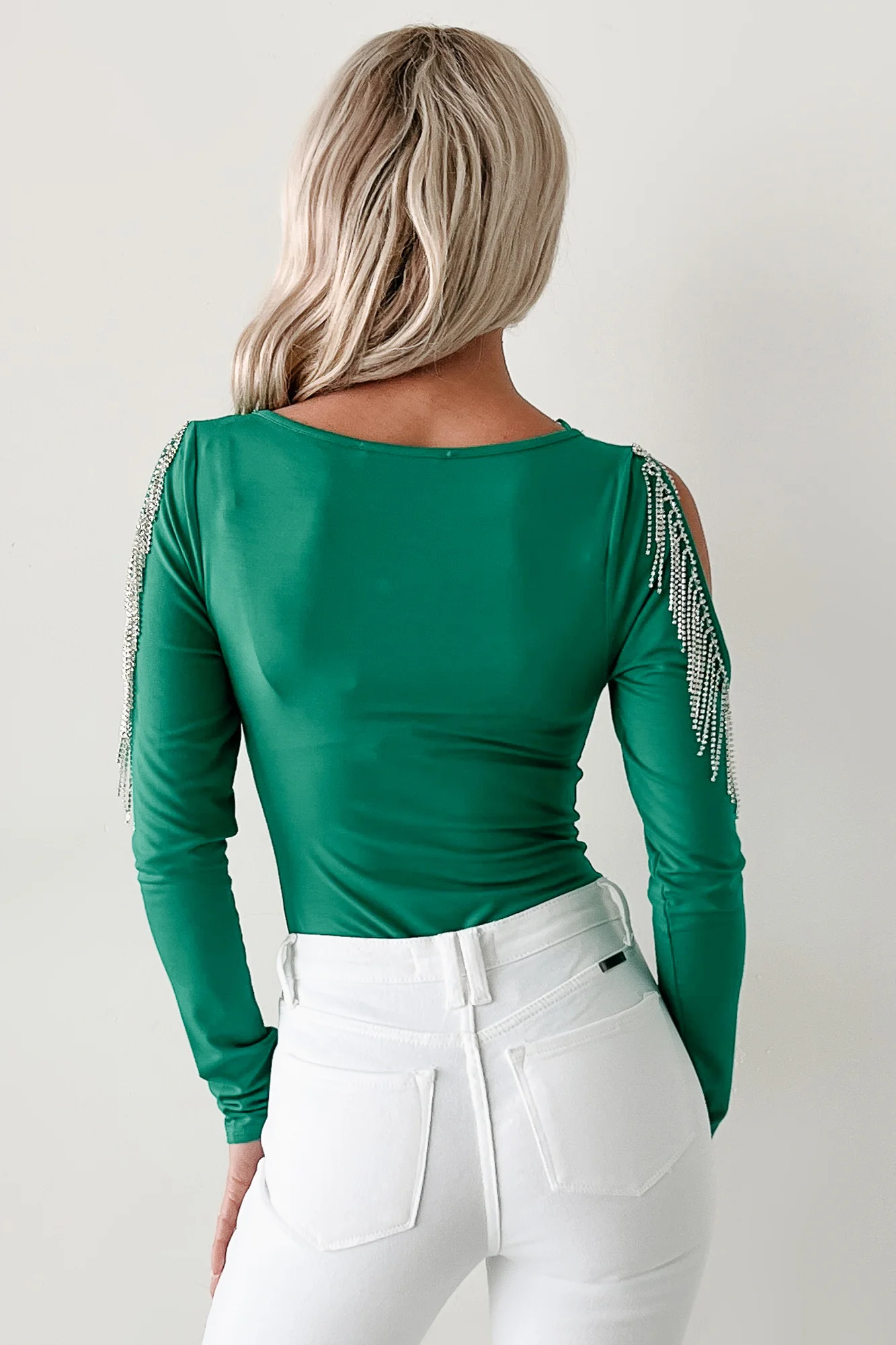Speak & Sparkle Cold Shoulder Rhinestone Fringe Bodysuit (Kelly Green) - Image 5