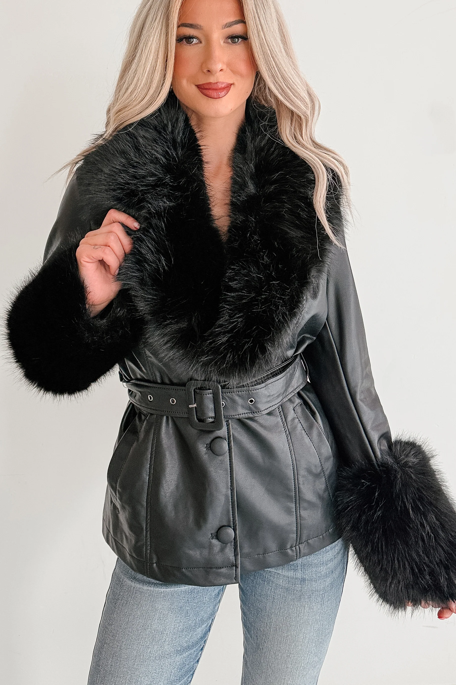 Star Quality Fur Trim Faux Leather Jacket (Black) - Image 7