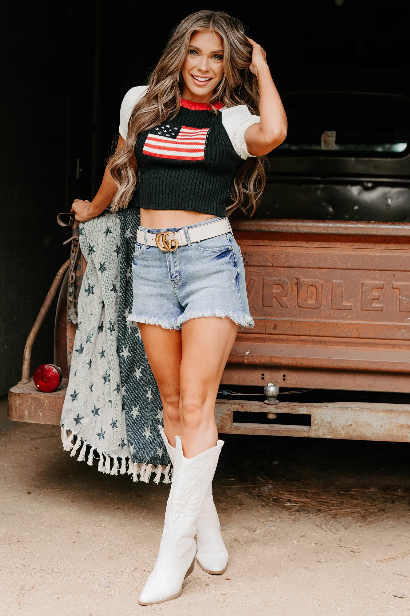 Starlet Style USA Flag Sweater Top (Black/White) - Image 4