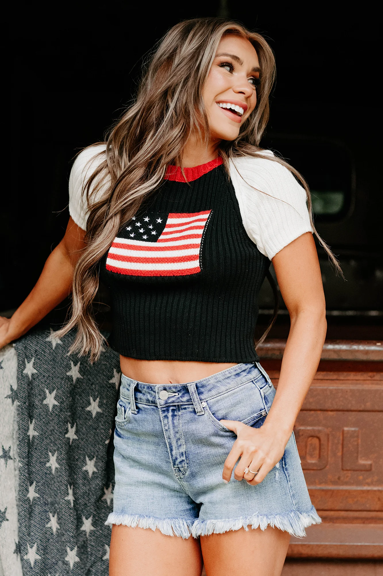 Starlet Style USA Flag Sweater Top (Black/White) - Image 8