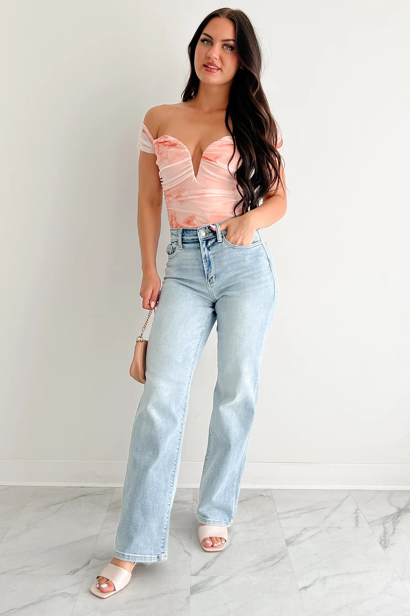 Starlit Sweetie Off The Shoulder Studded Mesh Bodysuit (Orange) - Image 10