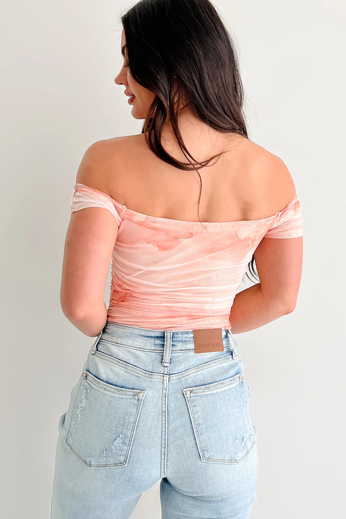 Starlit Sweetie Off The Shoulder Studded Mesh Bodysuit (Orange) - Image 8