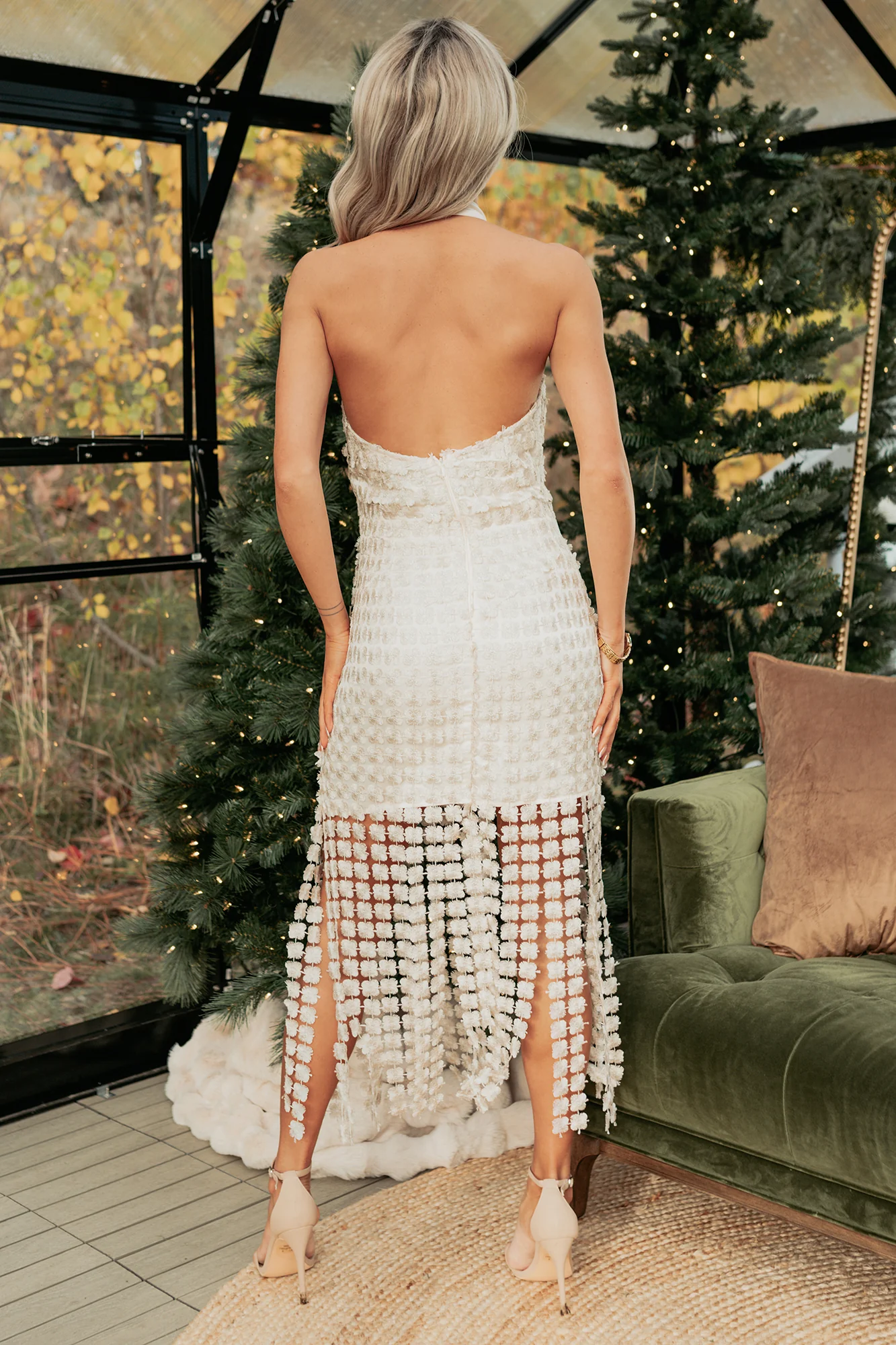 Starry Night Floral Crochet Overlay Halter Midi Dress (Champagne) - Image 3