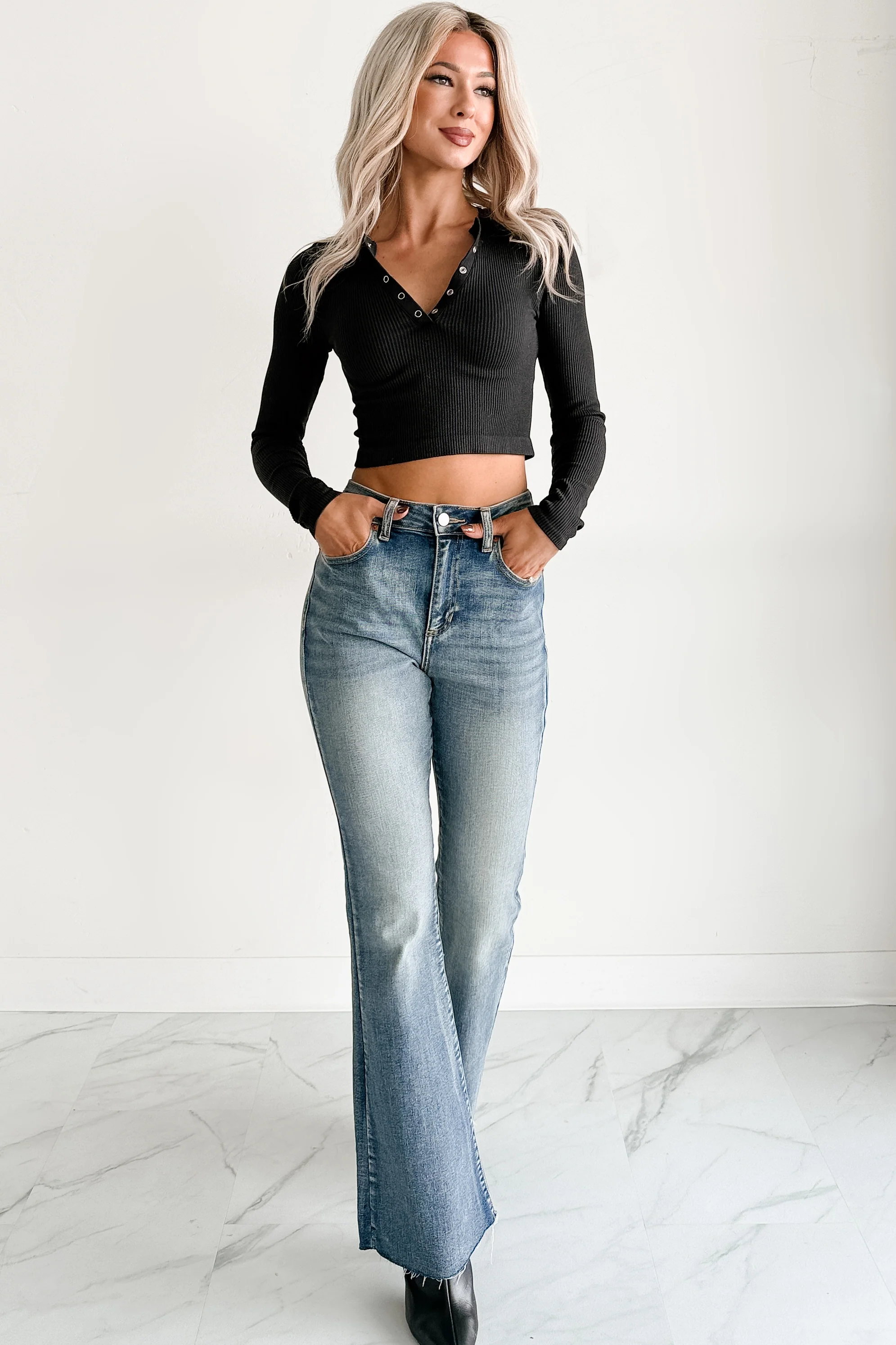 Starstruck Smiles Ribbed Henley Crop Top (Black) - Image 3