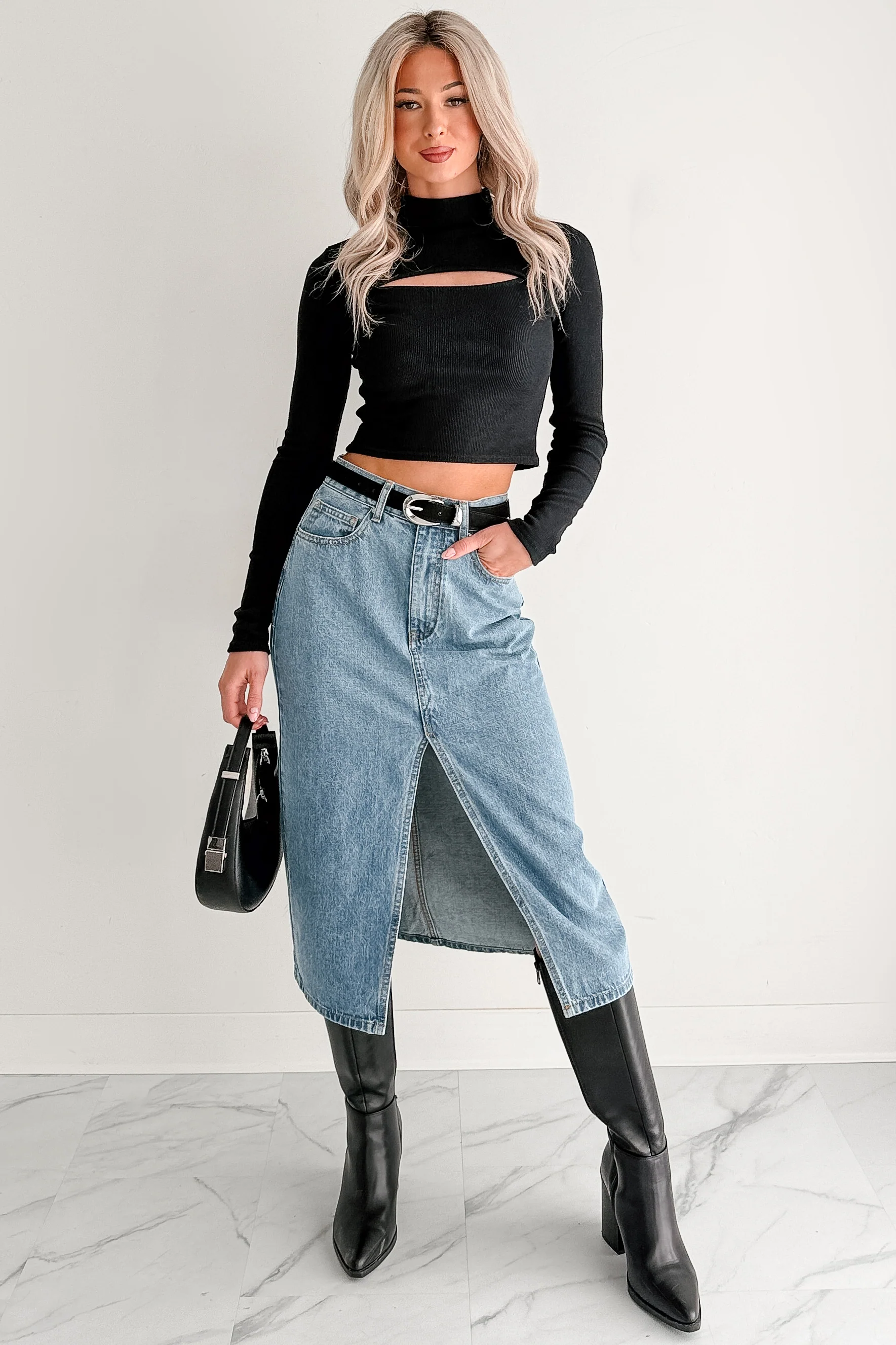 Stay Always Front Slit Midi Skirt (Medium Denim) - Image 2