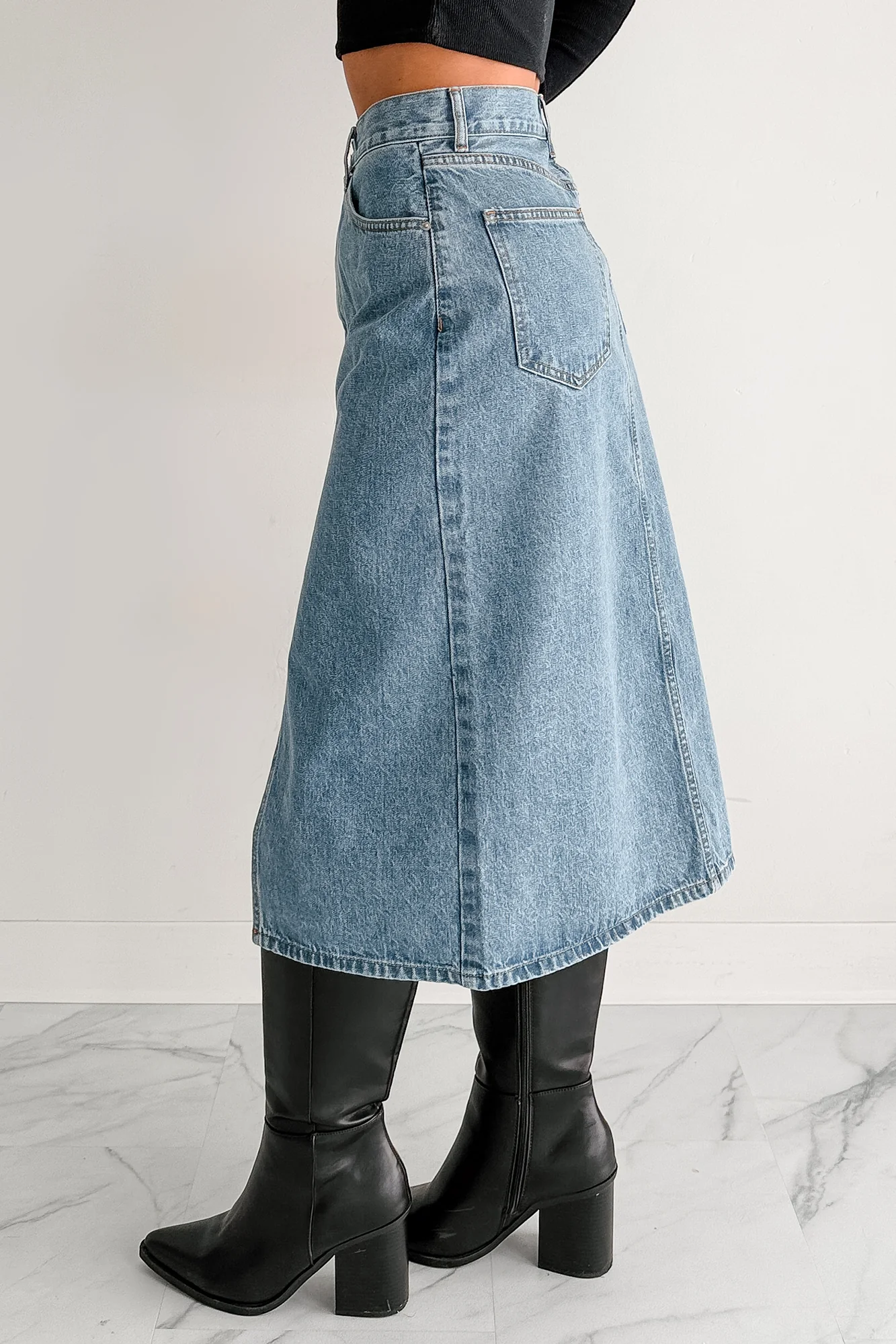 Stay Always Front Slit Midi Skirt (Medium Denim) - Image 3