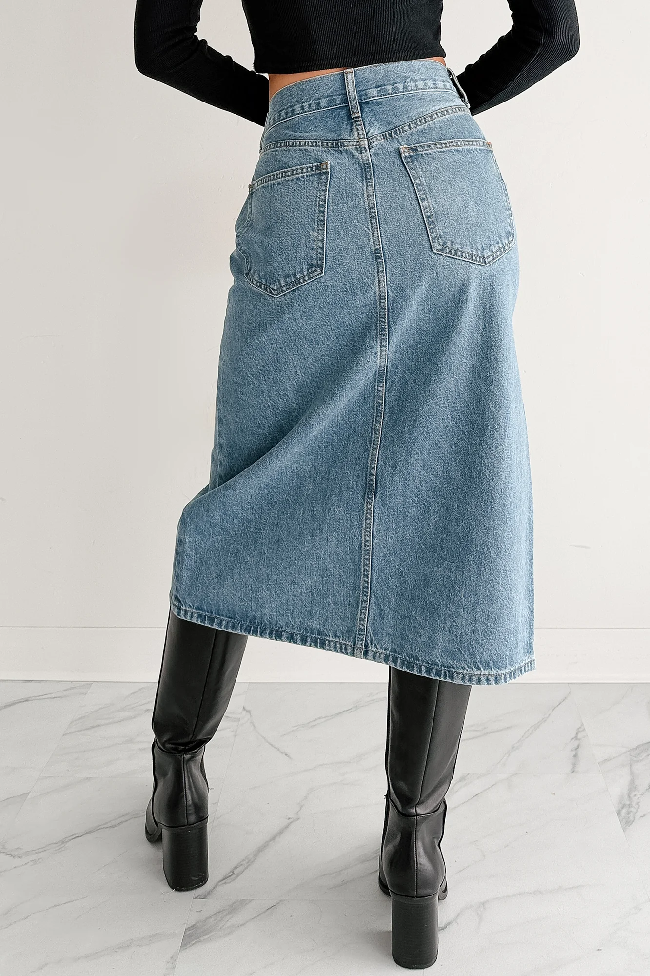 Stay Always Front Slit Midi Skirt (Medium Denim) - Image 4