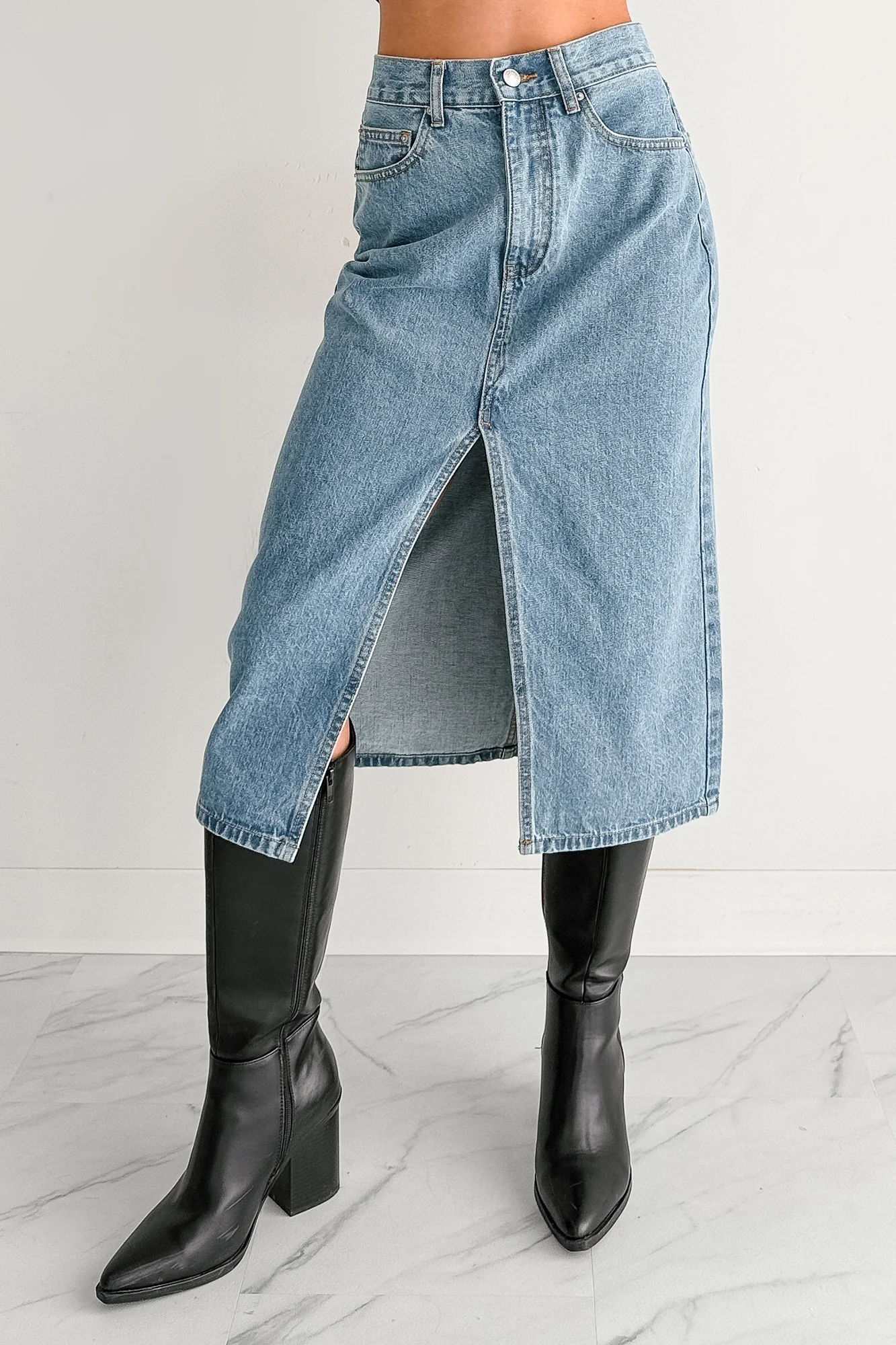 Stay Always Front Slit Midi Skirt (Medium Denim) - Image 5