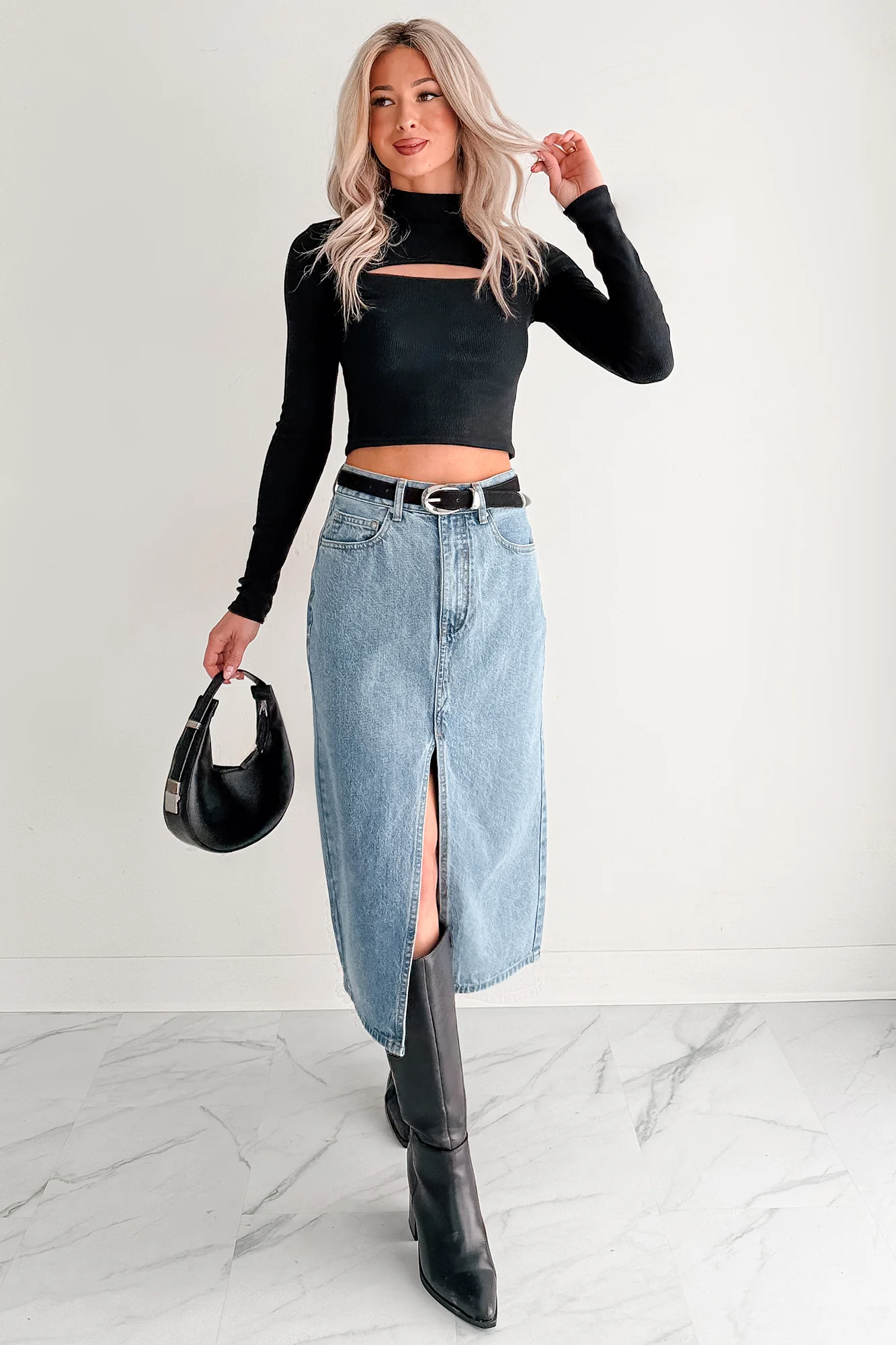 Stay Always Front Slit Midi Skirt (Medium Denim) - Image 6