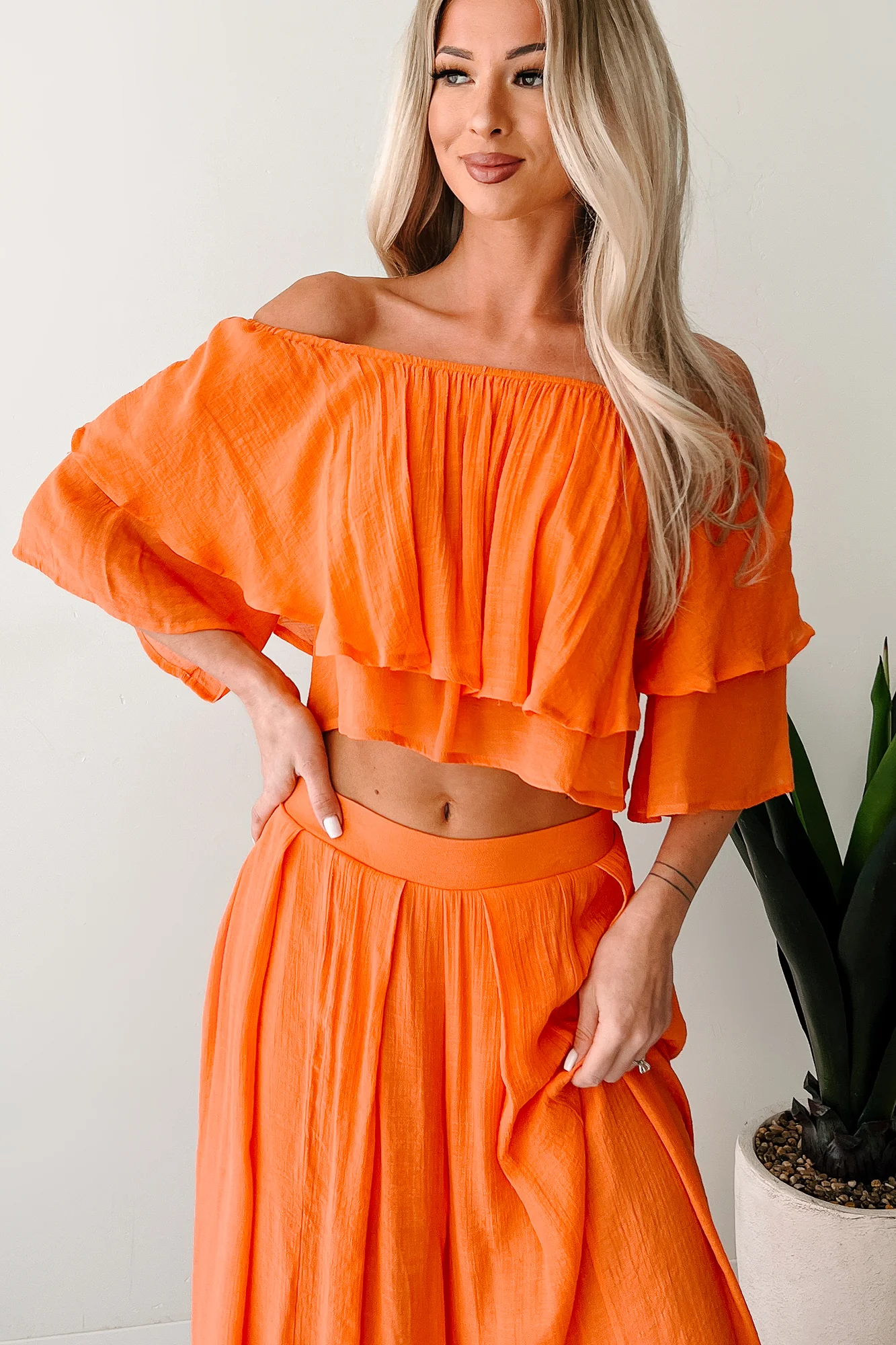 Stay Grounded Off Shoulder Flowy Pant Set (Orange) - Image 5