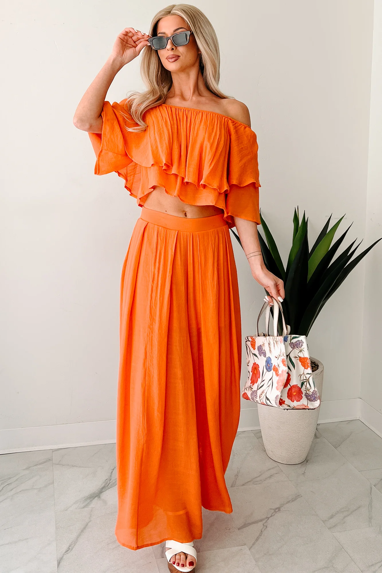 Stay Grounded Off Shoulder Flowy Pant Set (Orange) - Image 7