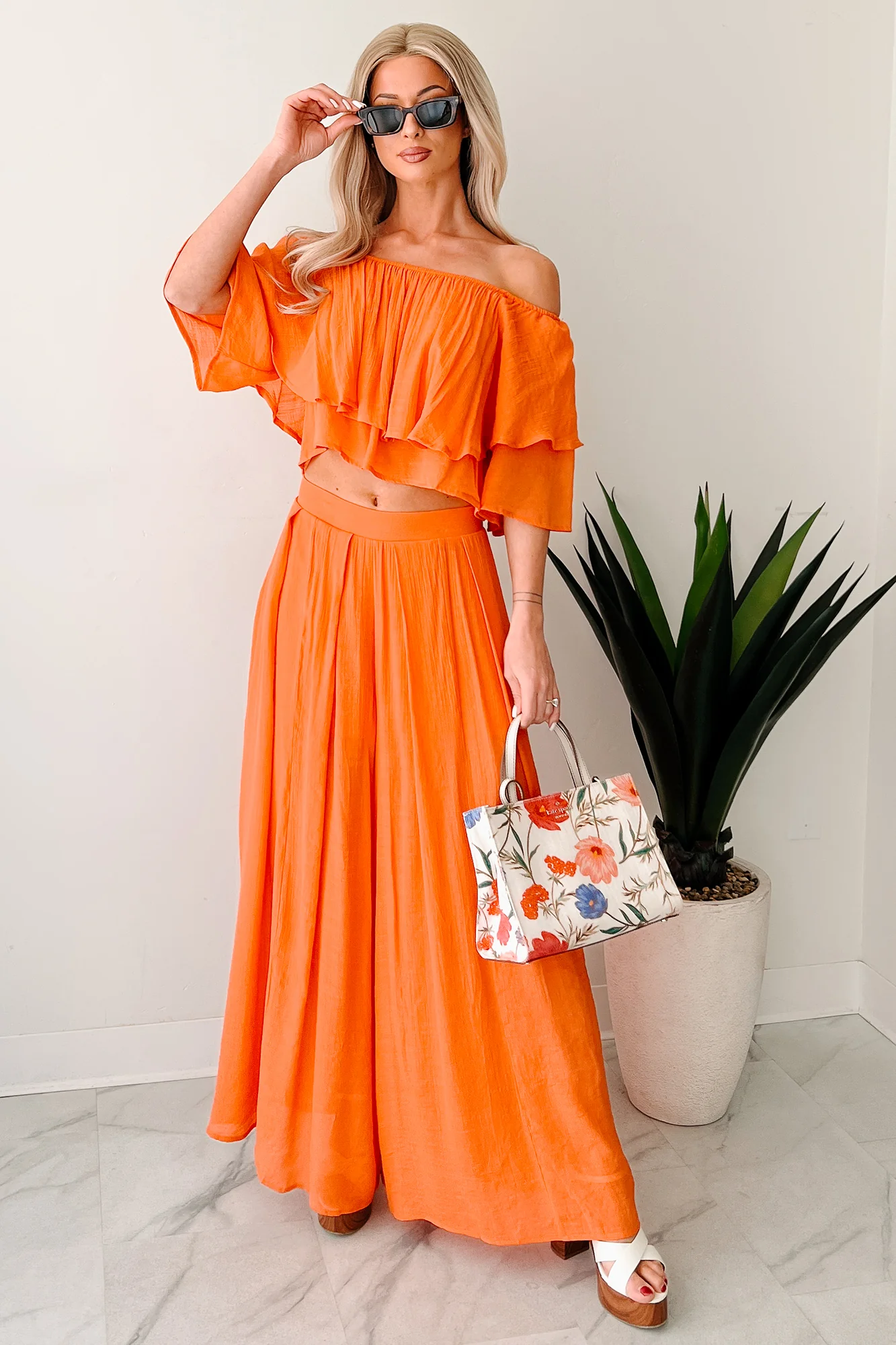 Stay Grounded Off Shoulder Flowy Pant Set (Orange) - Image 8