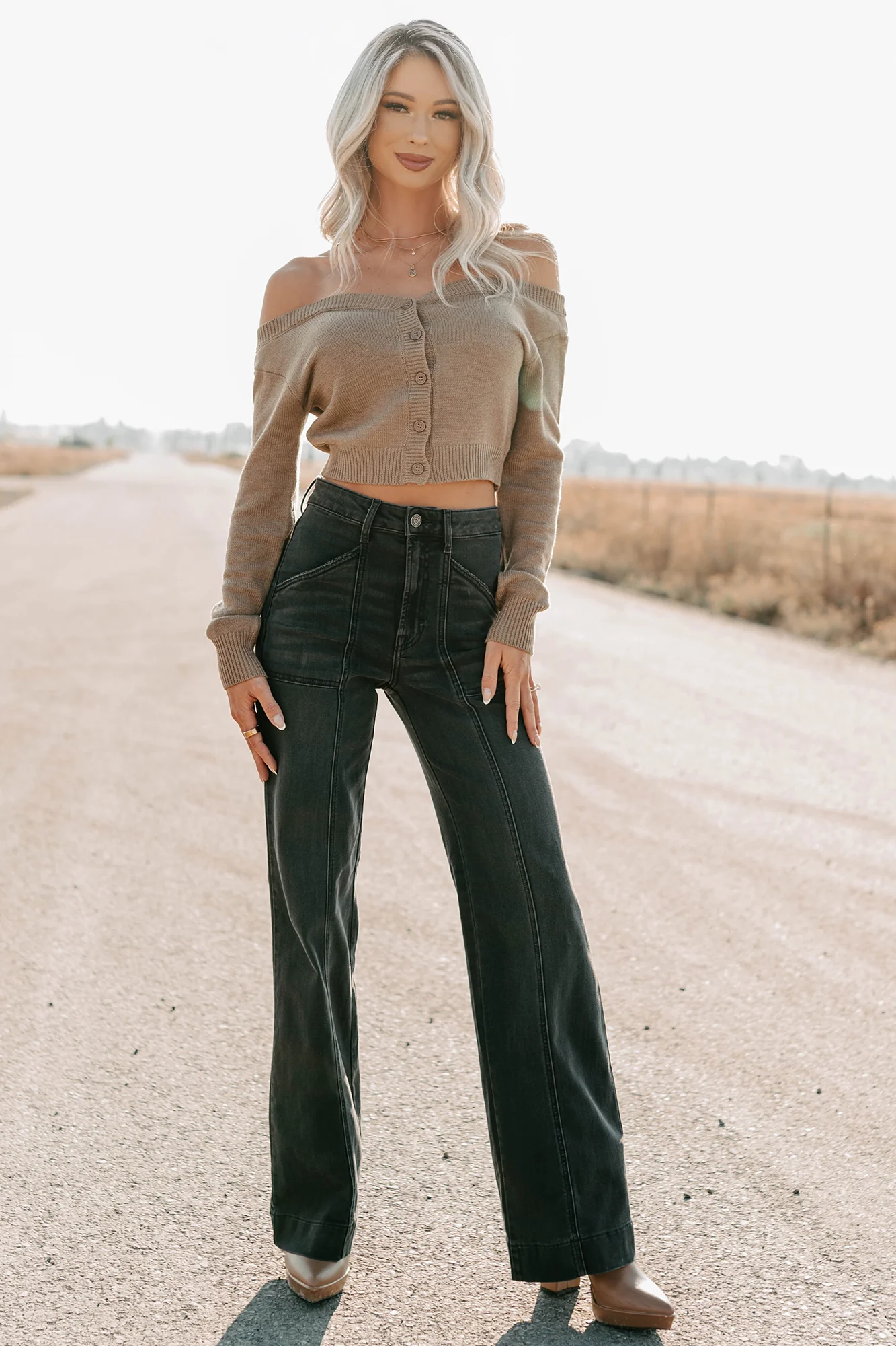 Stay Mine Off The Shoulder Buttoned Sweater Top (Dark Taupe) - Image 8
