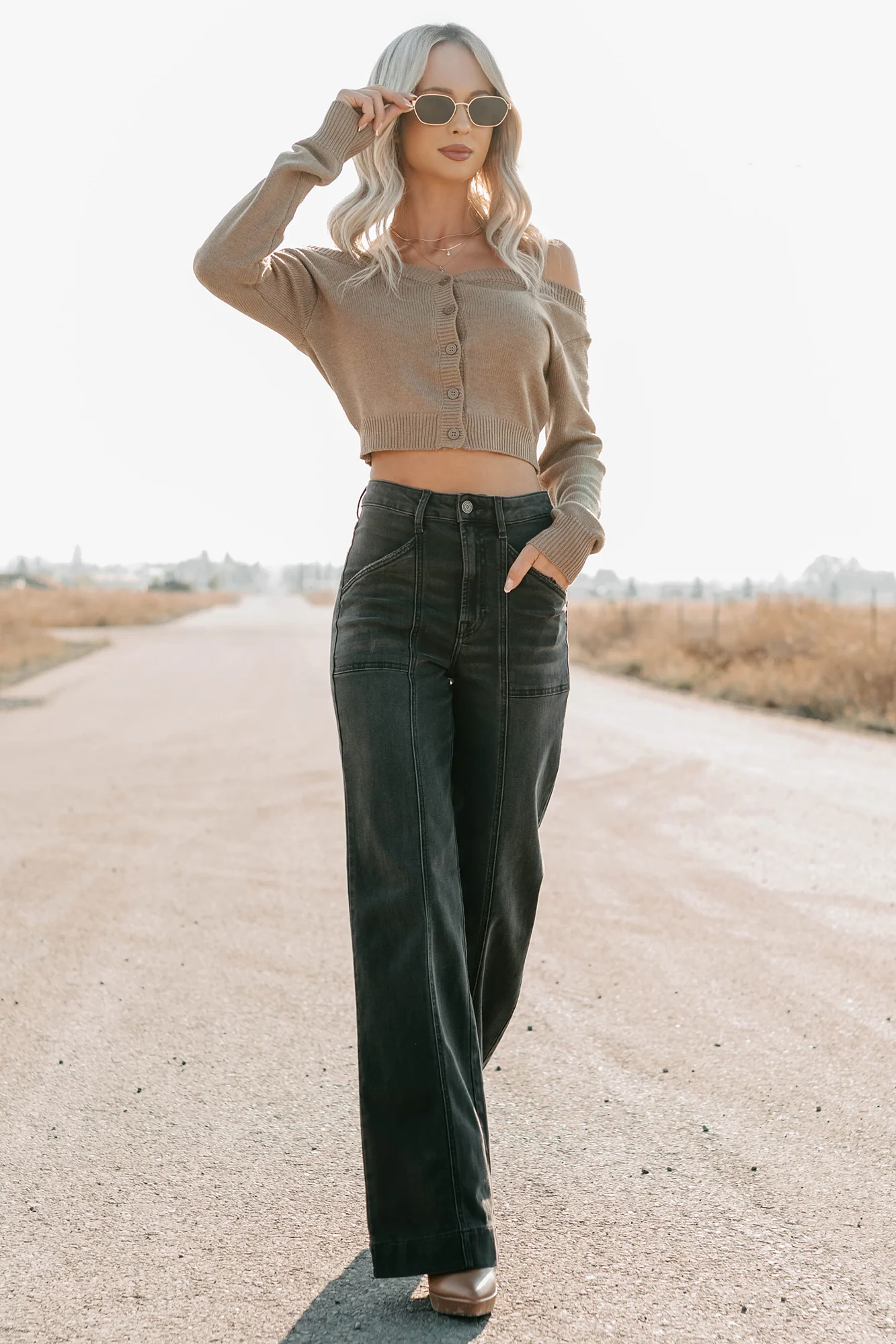 Stay Mine Off The Shoulder Buttoned Sweater Top (Dark Taupe) - Image 9