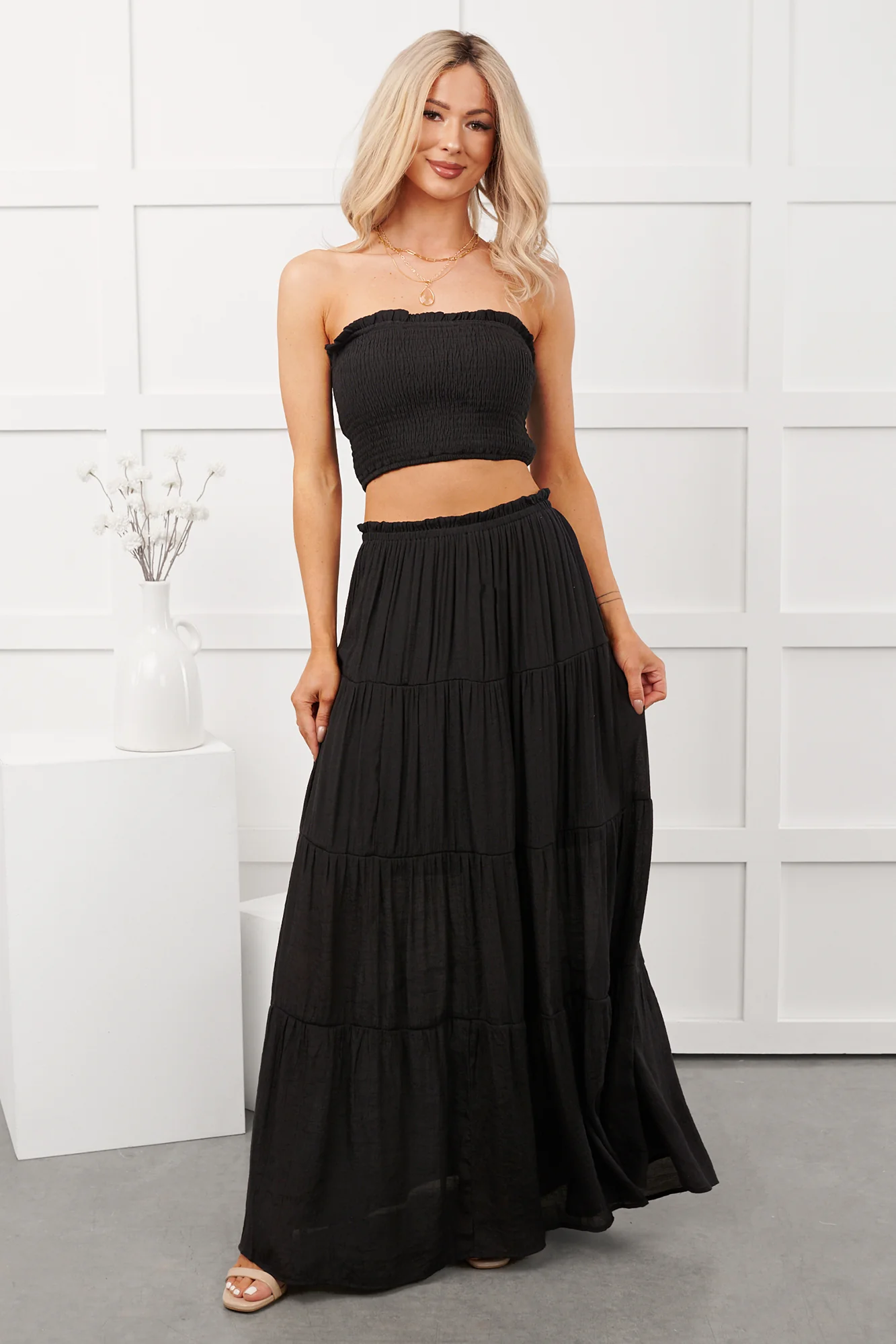 Stay Simple Smocked Bandeau & Maxi Skirt Set (Black) - Image 3