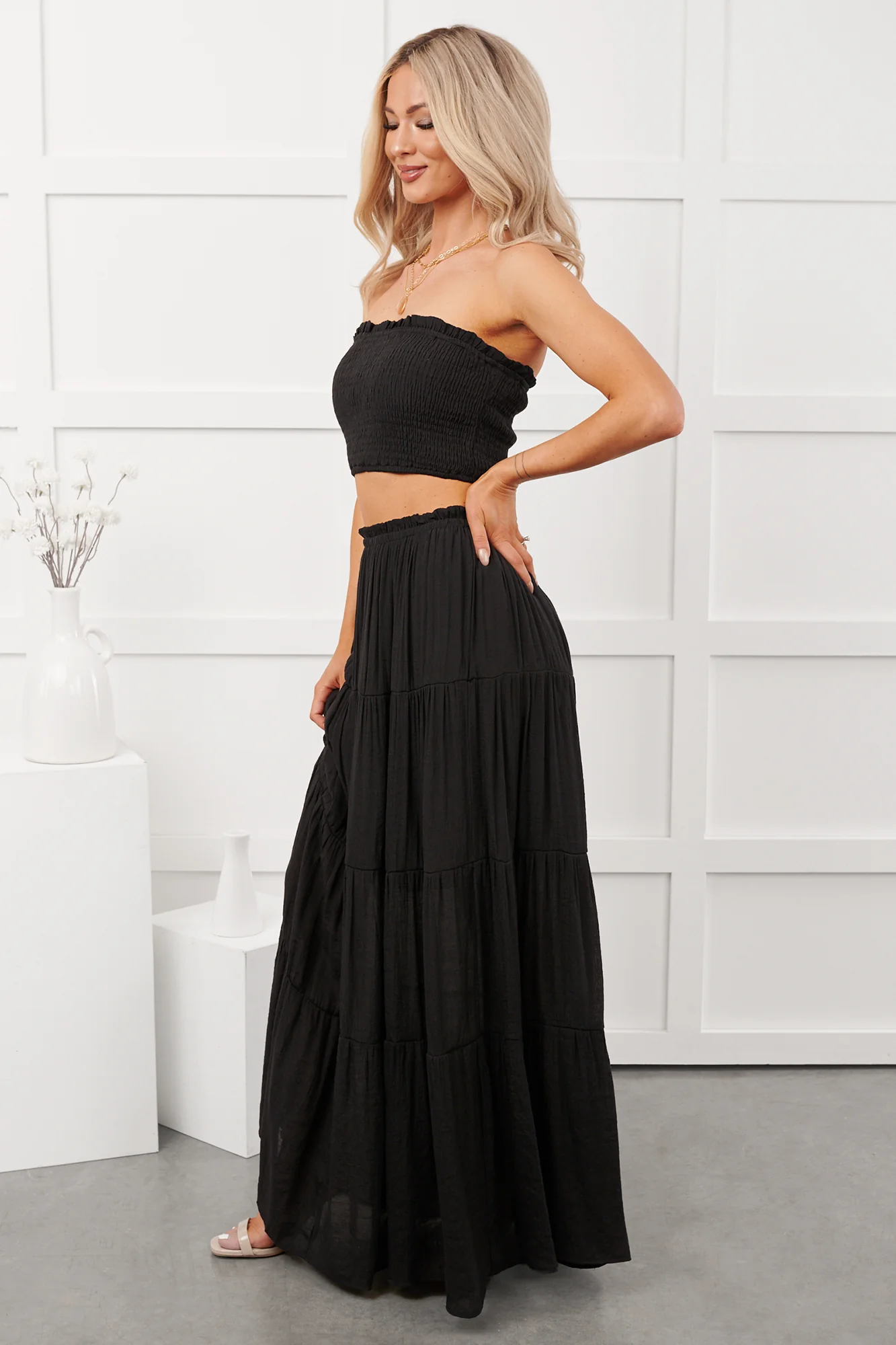 Stay Simple Smocked Bandeau & Maxi Skirt Set (Black) - Image 4
