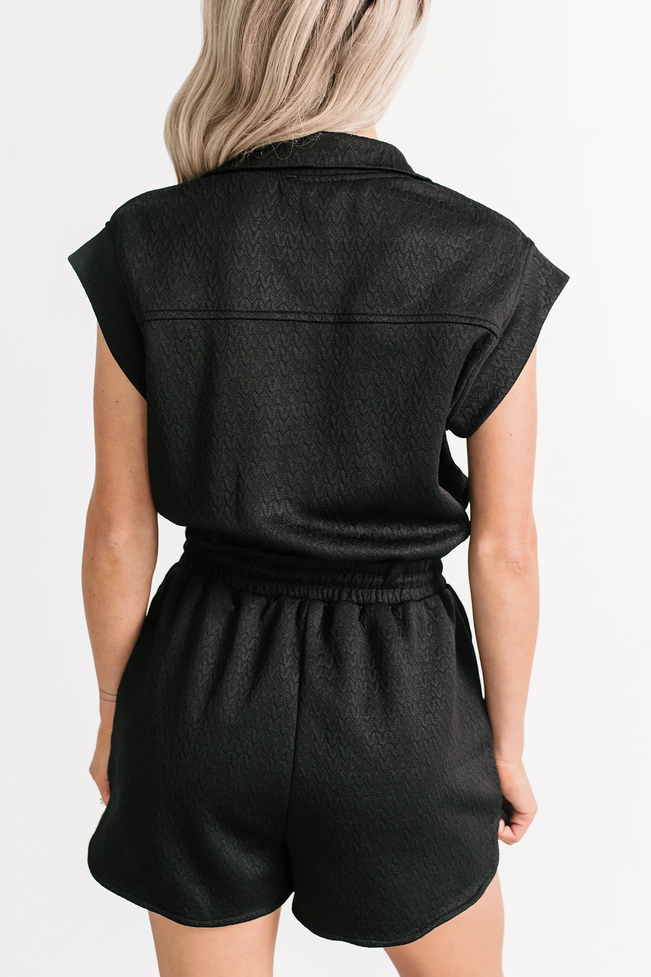 Stay Watching Textured Zip-Up Romper (Black) - Image 5
