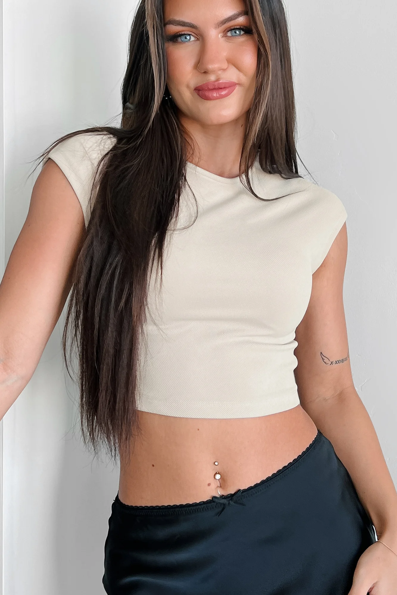 Staying Busy Cap Sleeve Crop Top (Taupe) - Image 5