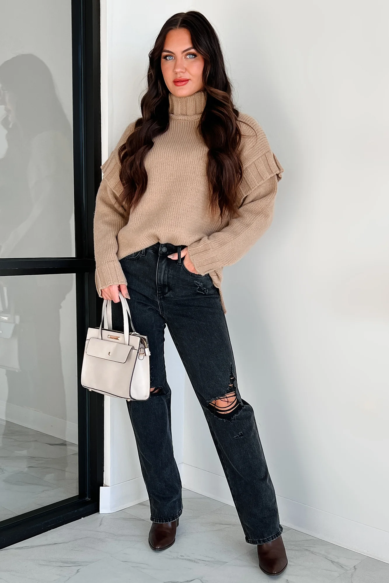 Staying Connected Oversized Turtleneck Sweater (Taupe) - Image 3