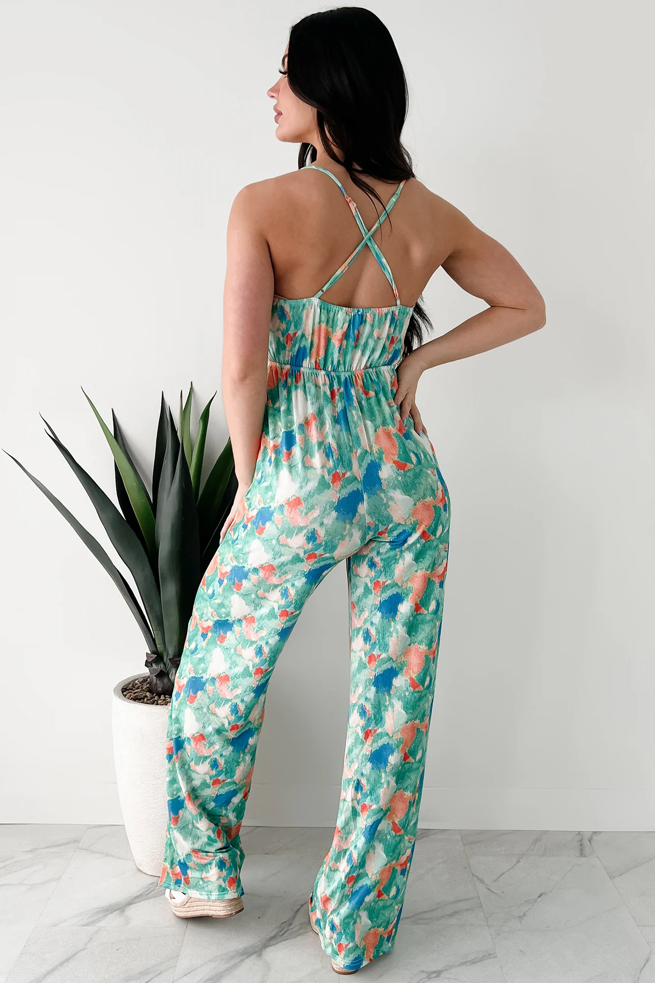 Step Into Stillness Watercolor Print Jumpsuit (Green) - Image 3