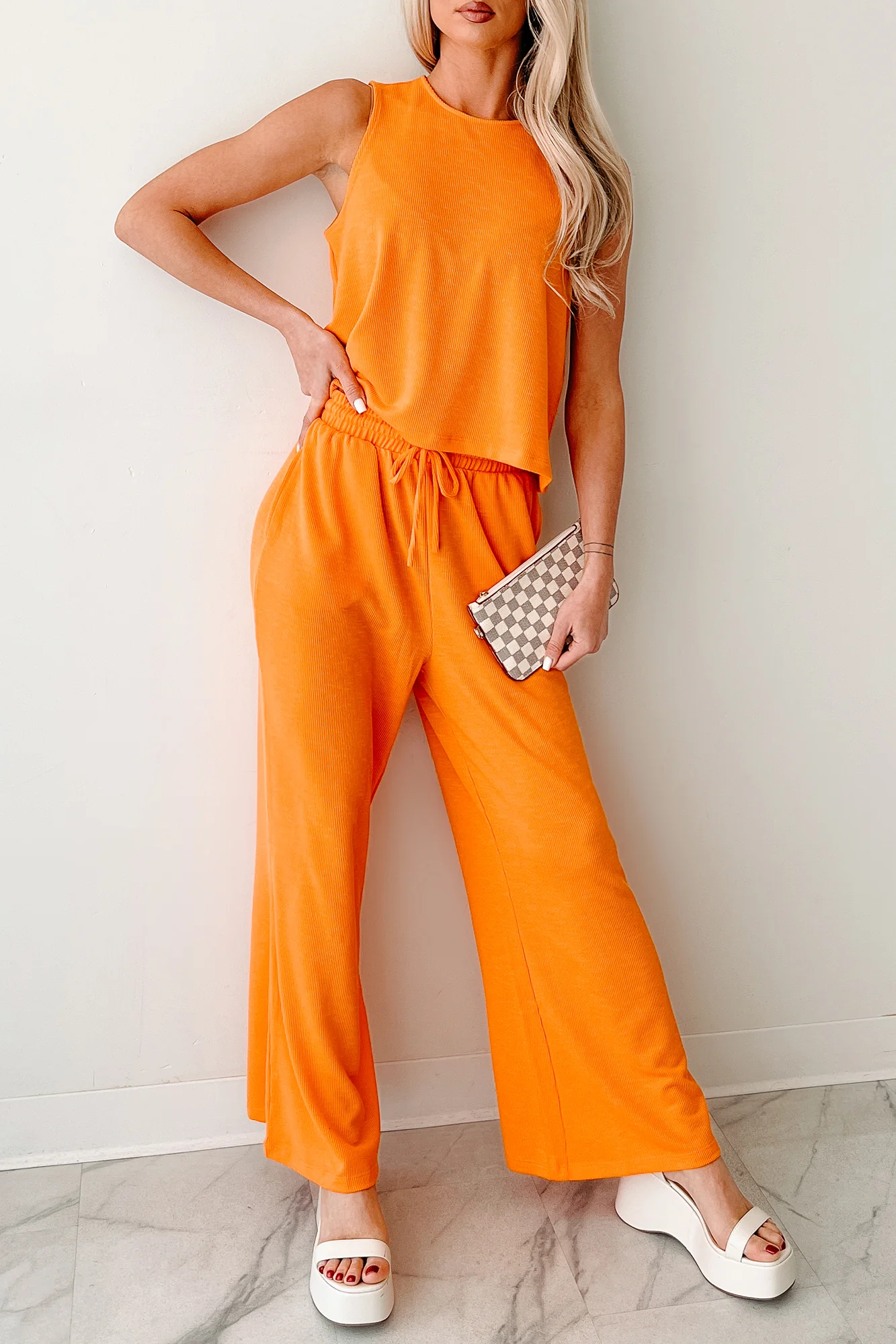 Still As The Stars Two-Piece Ribbed Tank & Pant Set (Orange) - Image 3