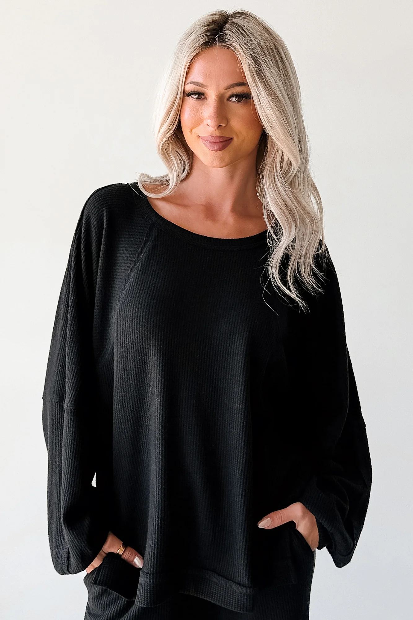 Still Breathing Waffle Knit Long Sleeve Top (Black) - Image 3