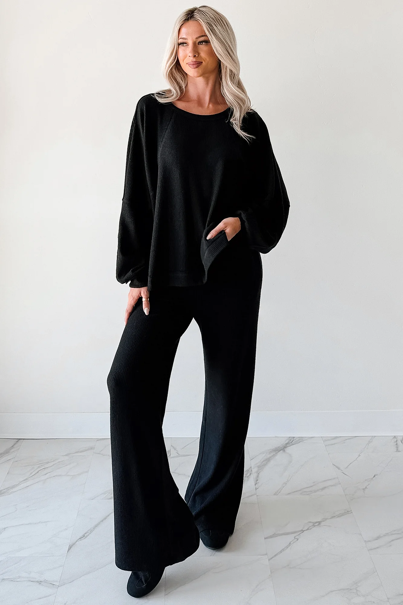 Still Breathing Waffle Knit Long Sleeve Top (Black) - Image 4