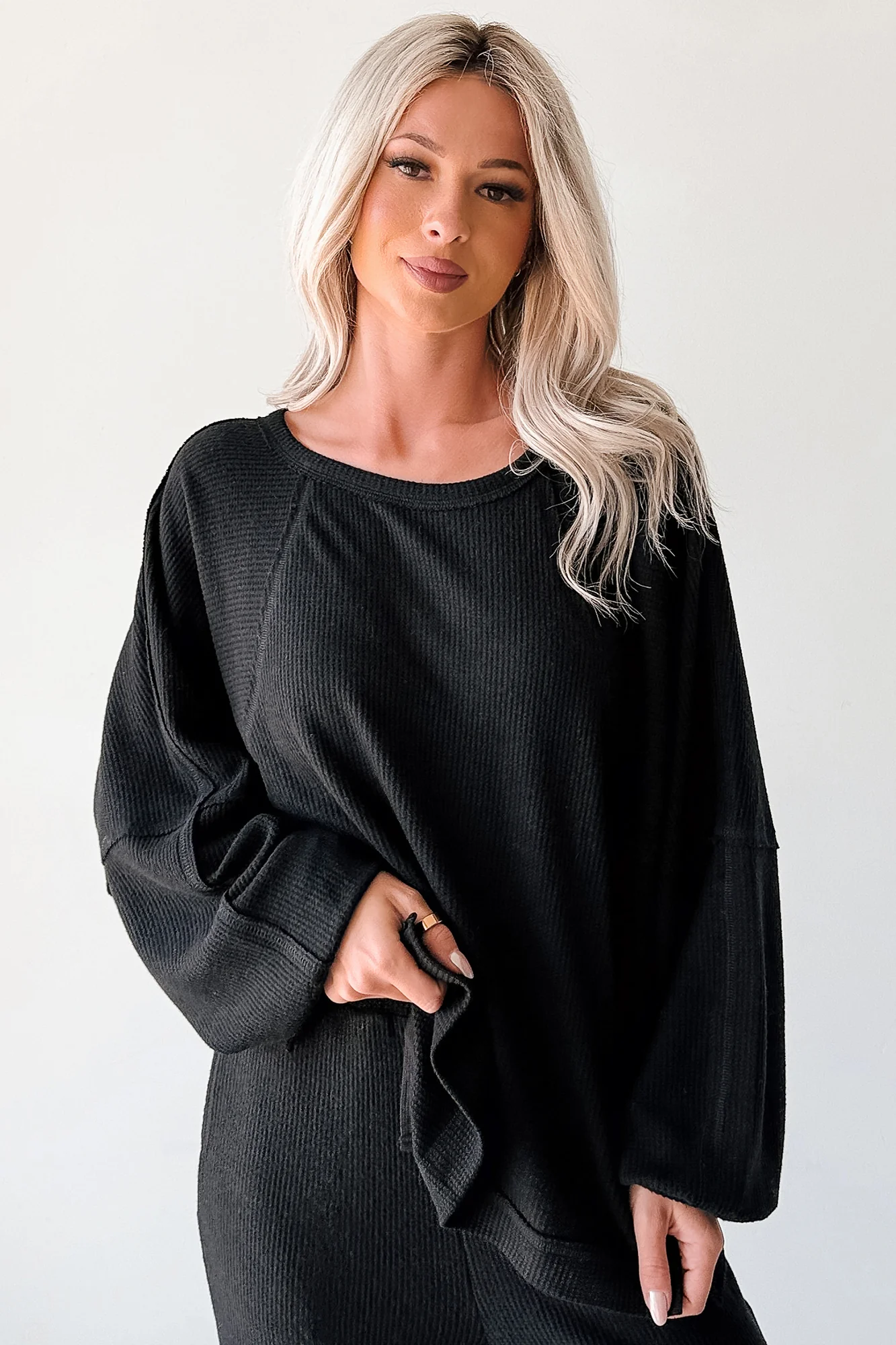 Still Breathing Waffle Knit Long Sleeve Top (Black) - Image 5